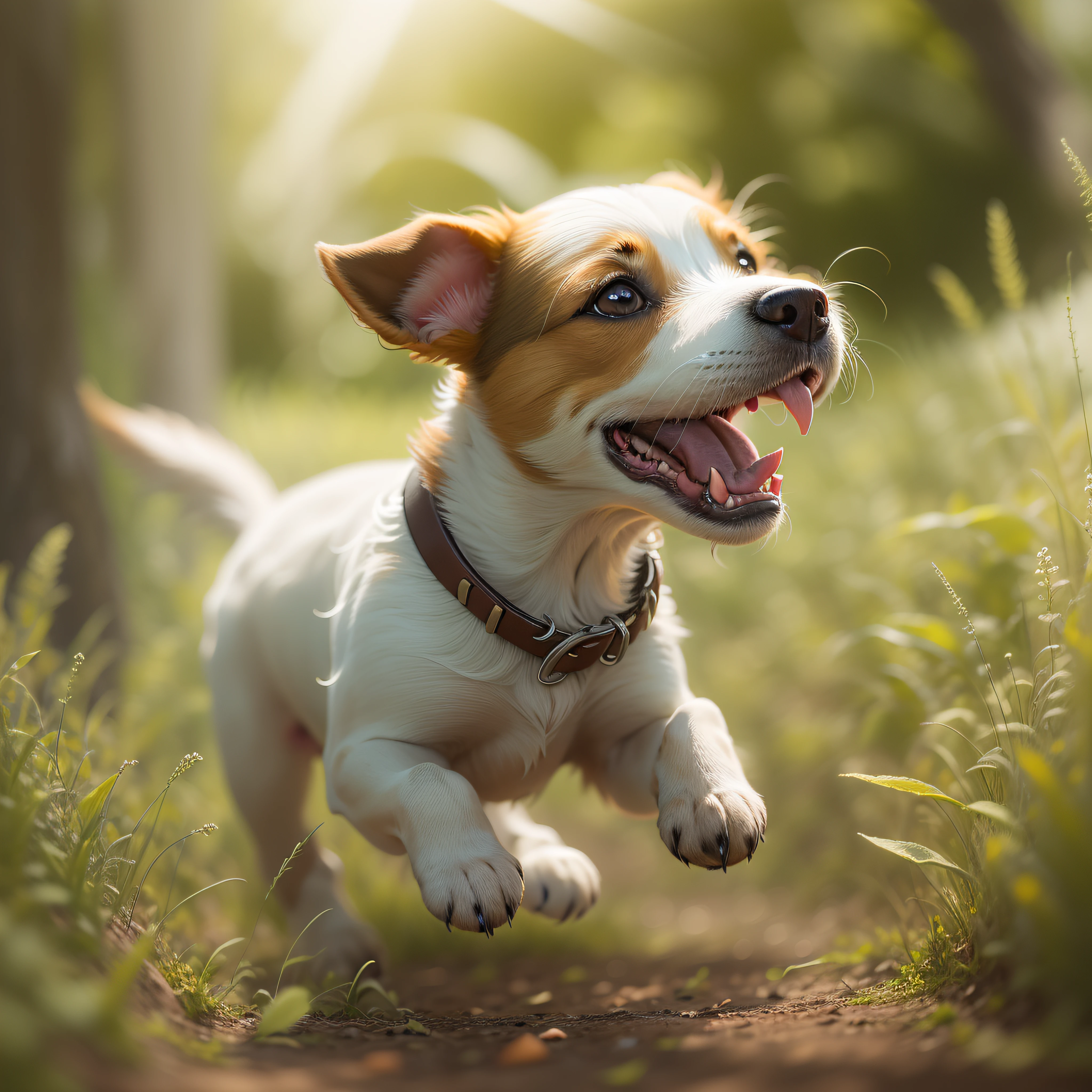 (masterpiece) cute jack russell terrier puppy, still very young and playful, running in a grassy yard. The image captures the movement and energy of the pup as he traverses the path. The resolution is high, ((high detail)) ((4k)), allowing you to appreciate every detail of his fluffy fur. Sunlight filters through the trees, creating faint rays of light that bring out the color of his fur. His little paws move quickly, kicking up little clouds of dust in his wake as he strides forward with joy and curiosity. 35mm lens, bokeh 2.4