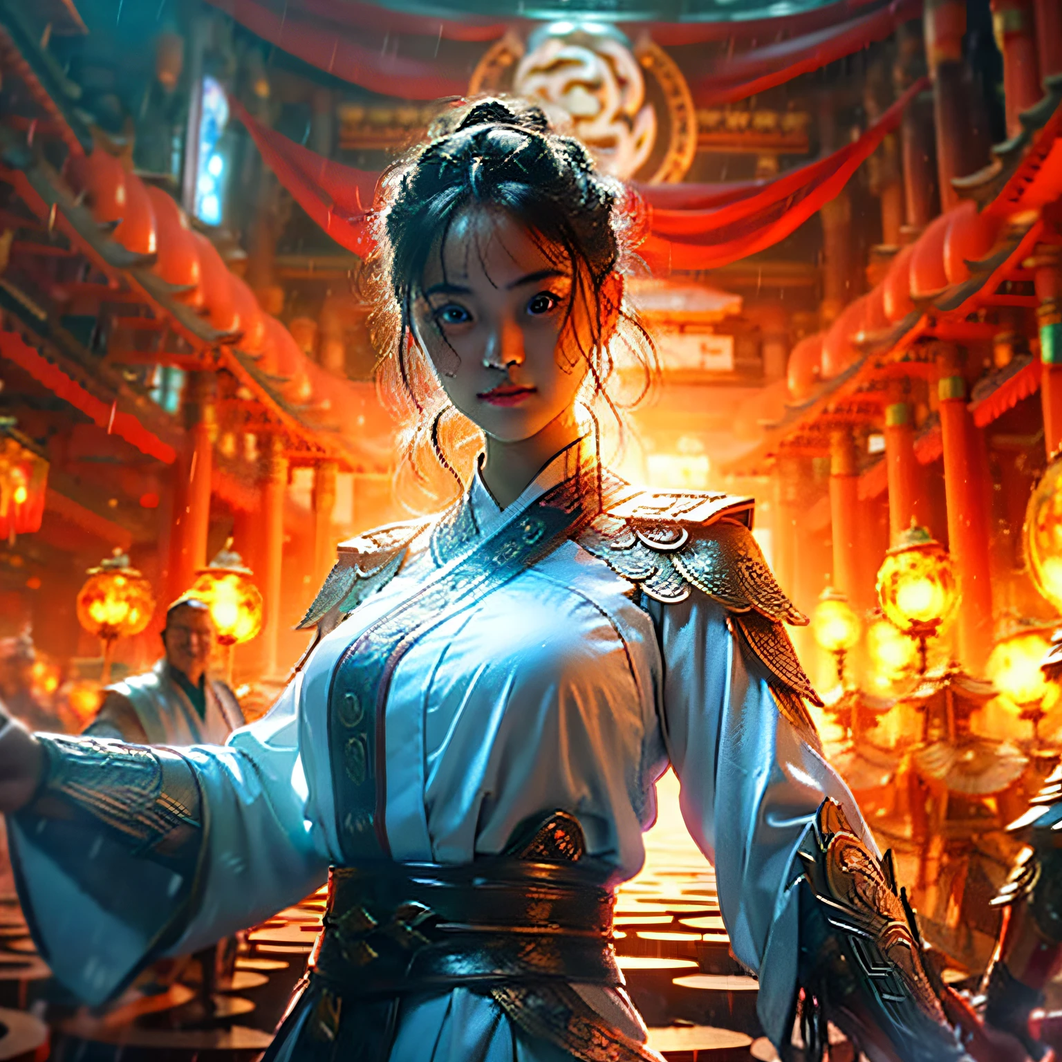 Immortals，Lu Xueqi，Hot body，8k，rained，Sword dance，Naked upper body，8K， Highly detailed, Majestic, Digital photography, surrealism painting, Beating magic, --auto