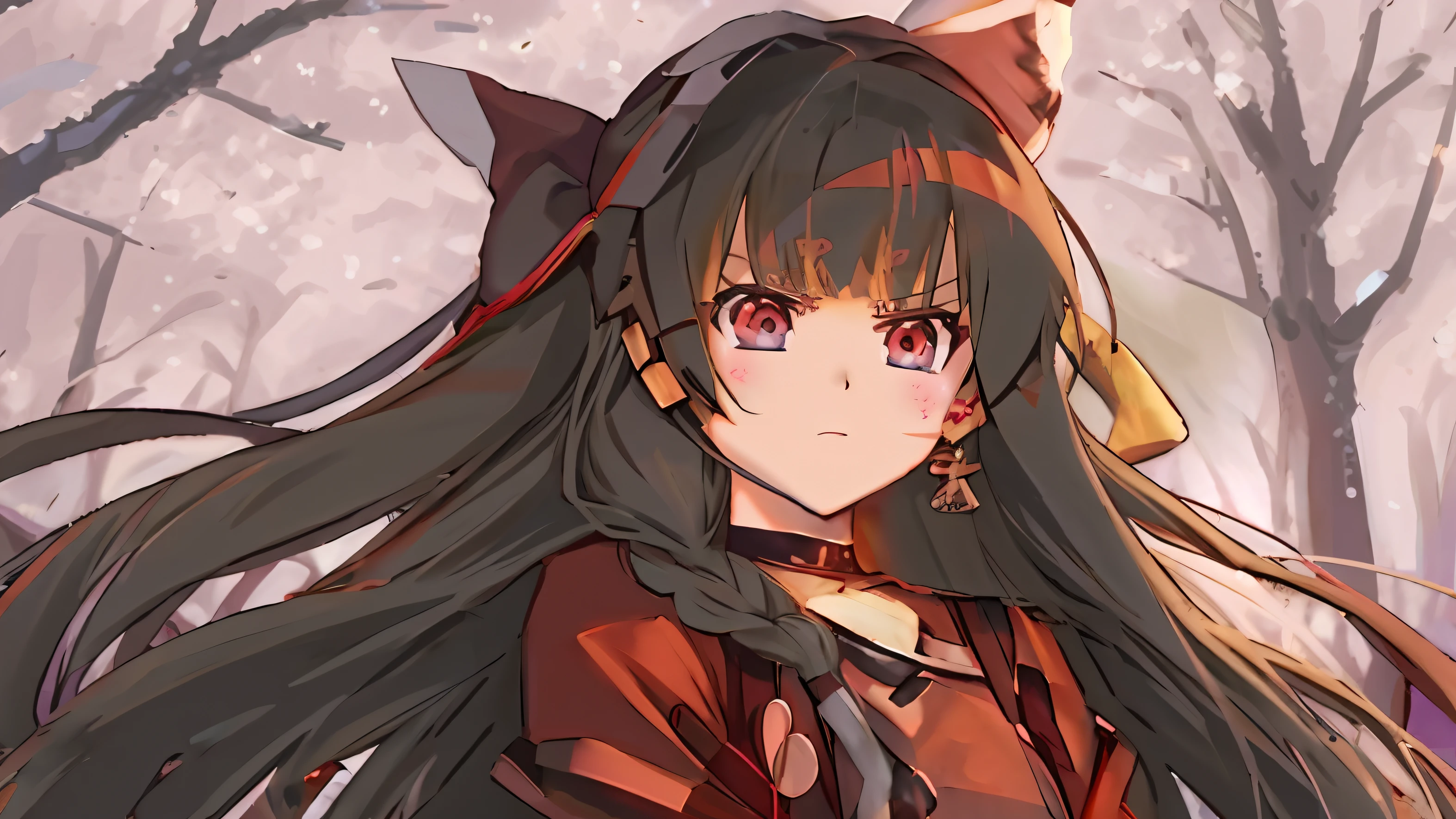 Anime girl with long hair and red eyes in the forest, tohsaka-rin, Anime moe art style, reimu hakurei, gapmoe yandere, artistic renderings of Reimu Hakurei, Anime waifu, Yandere, Anime art style, ig studios anime style, Anime Stylization, Anime style portrait, Anime art style, Ayaka Genshin impact，