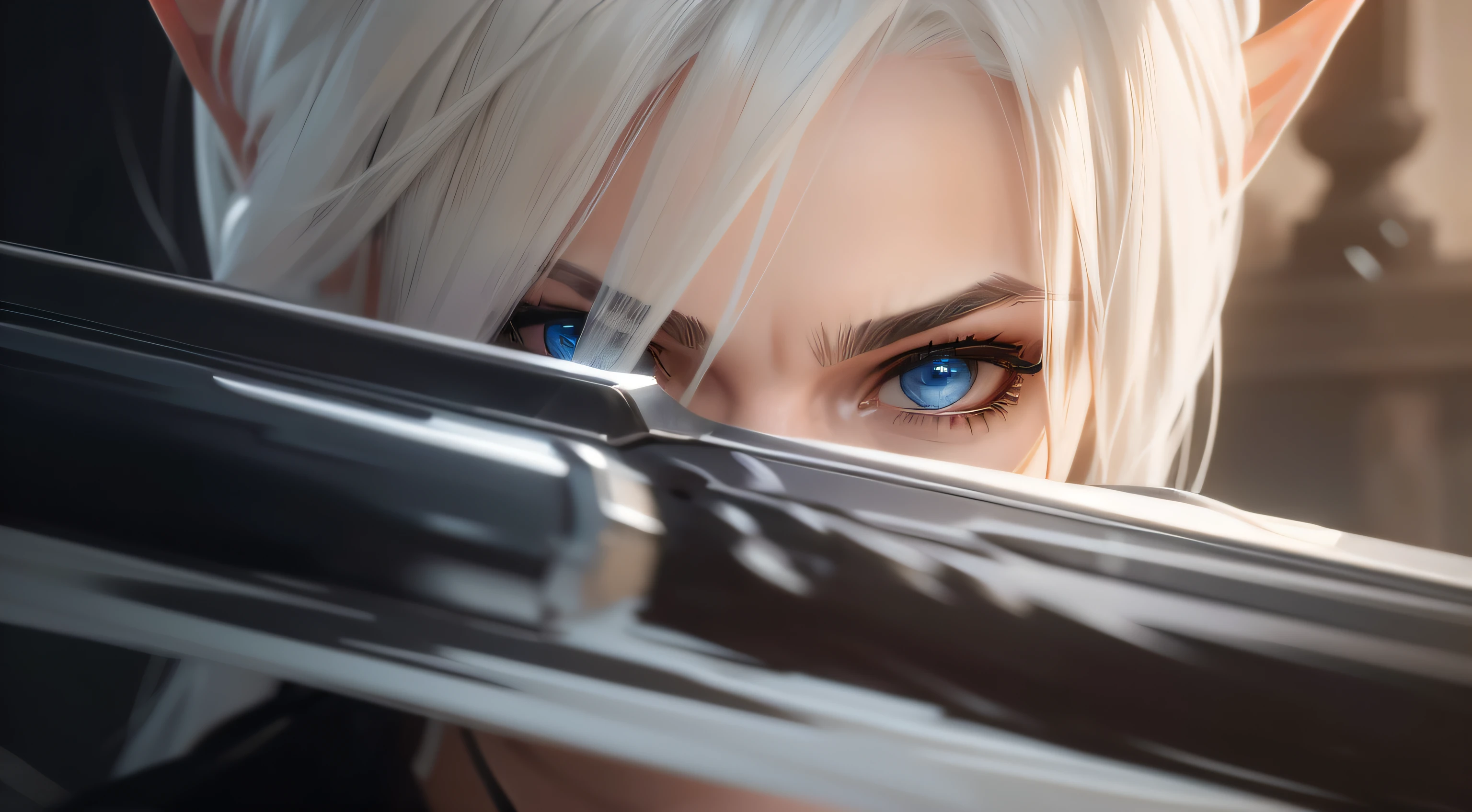 (super-detalhado, ultra-realistic, 4k/1080p resolution), anatomicamente perfeito, texturas realistas, (8k, foto RAW, melhor qualidade, obra-prima: 1.2), (realista, fotorrealista: 1.37), uma elfo segurando uma espada, cabelos brancos, Cinematic Shadowbringers, elfo feminista , guerreira, duelo, elfo com olhos azuis e cabelo branco, elfo, femista, --auto