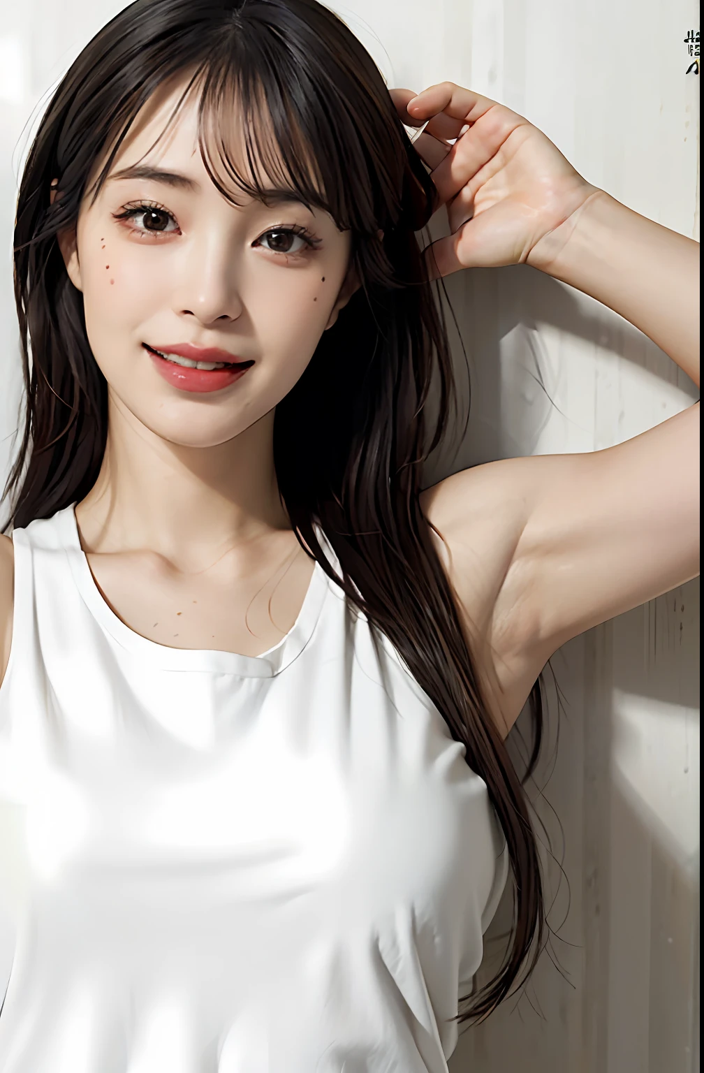 (A hyper-realistic), (illustratio), (hight resolution), (8K), (ighly detailed), (The best illustrations), (beatiful detailed eyes), (top-quality), (ultra-detailliert), (masterpiece), (wall-paper), (详细的脸), a bed、Upper body close-up,Armpit, A smile,Plump,独奏,Girl in a tight white tank top with open chest, full of sweat, japanes, large full breasts, (camel's toe)、huge-breasted、