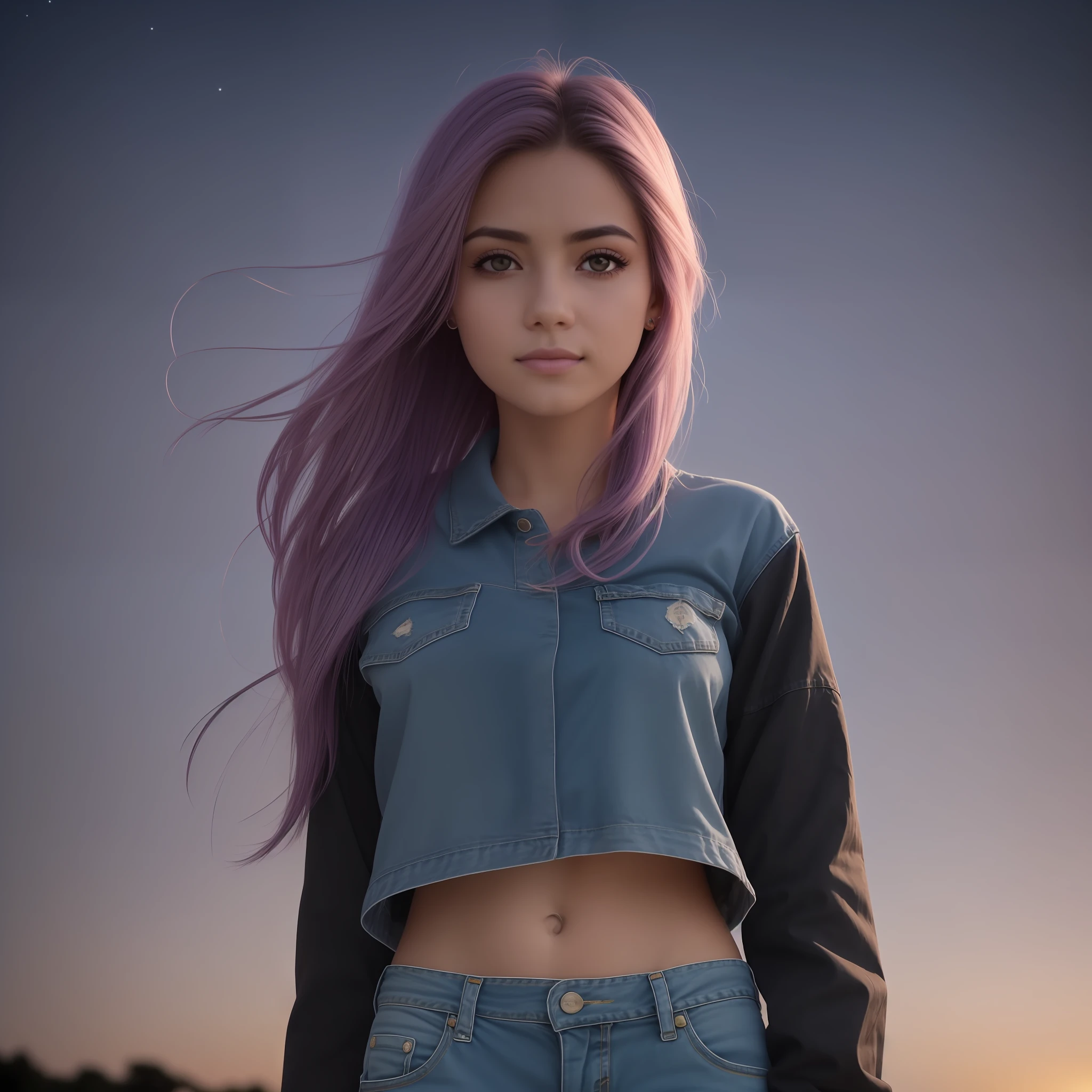 foto da parte superior do corpo de uma jovem menina italiana de 20 anos, neotenia, cabelo ondulado longo com franja, mechas azuis, olhos azuis, pele natural, 8k uhd, alta qualidade, grain of film, pale skinned, olhar sereno, ((rosto detalhado limpo)), (pele finamente detalhada) obra-prima, melhor qualidade, ultradetalhada, solo, nas ruas de uma cidade cyberpunk, (noite), luzes de neon, carros voadores, (estrelas) Purple sky, feliz, casaco de couro, Denim Jeans Pants, luvas, roupa preta, soturno, sombras, contraste, starly sky, estilo , (clima frio), (perfect aspect ratio) (foto realista) (melhor qualidade) (detalhado), ((Ultra Definition)) ((ultrarrealista)) (papel de parede)