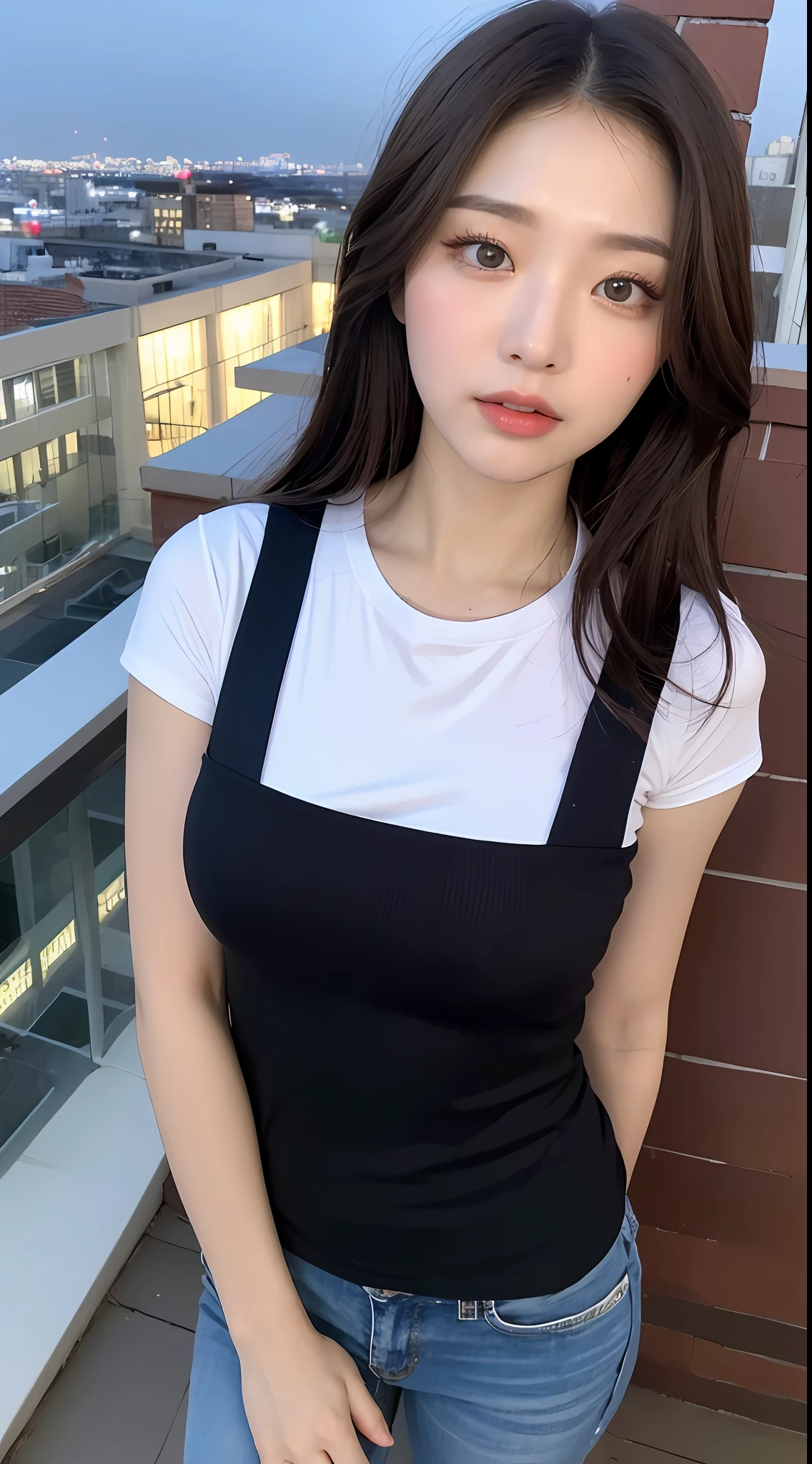 ((Midnight, Best quality, 8k, Masterpiece :1.3)), Whole body, Long legs, Sharp focus :1.2, A pretty woman with perfect figure :1.4, Slender abs :1.1, ((Dark brown hair,Gigantic breasts :1.2)), (White tight tshirt, Jean bib, Standing:1.2), ((Night city view, Rooftop:1.3)), Highly detailed face and skin texture, Detailed eyes, Double eyelid