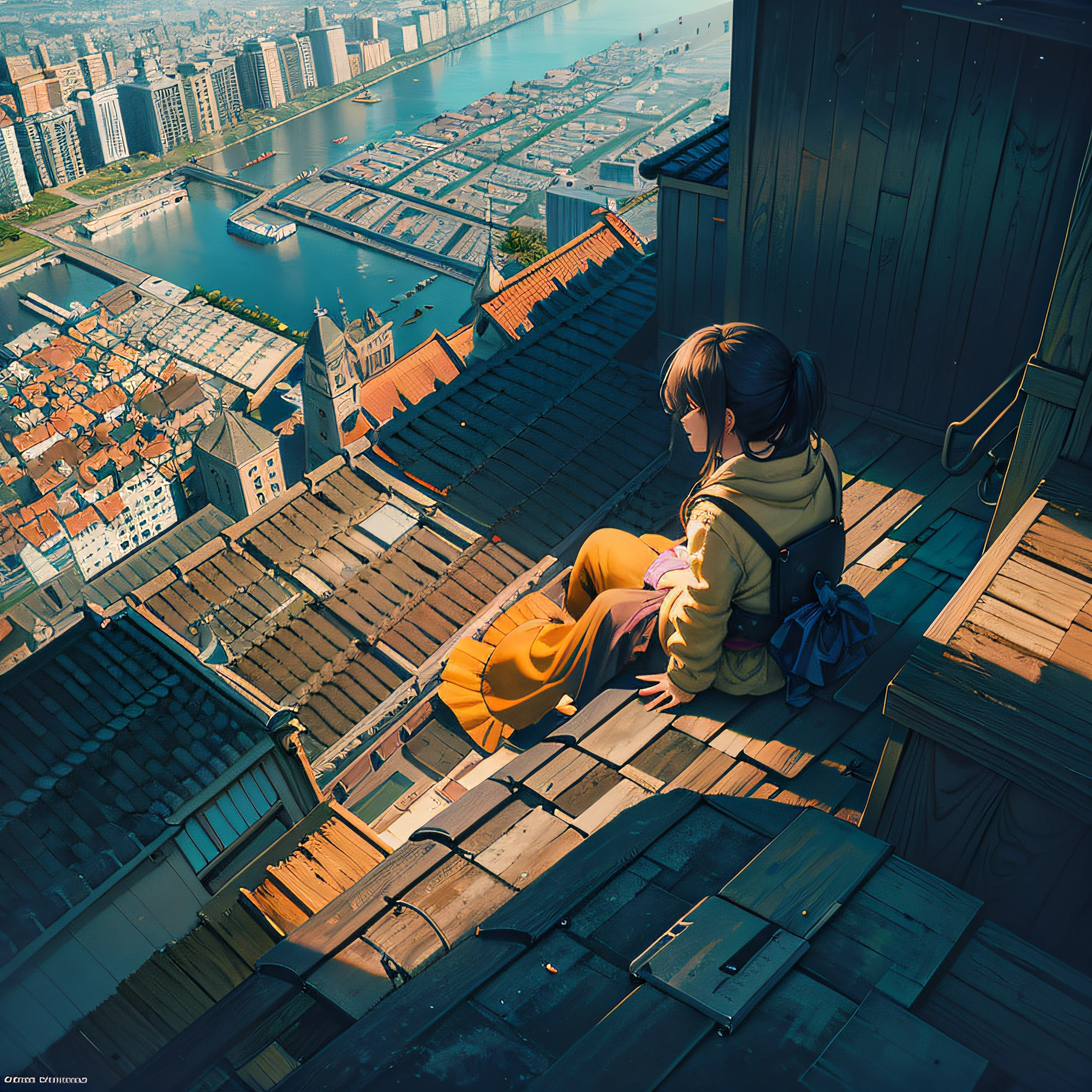 There is a woman sitting on a ledge overlooking the city, inspired by Cyril Rolando, cyril rolando and goro fujita, in style of cyril rolando, Inspired by Aenami Arena, by Cyril Rolando, By Alena Aenami, girl sitting on a rooftop, makoto shinkai cyril rolando, beautiful digital works of art