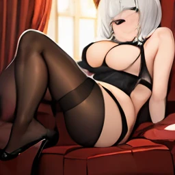 ((Sexy)),(((huge tit)),Fleshy legs,with short white hair,dressed in:black lence stockings,((underdressing)),sitting in the couch,pantiess,Expose --auto