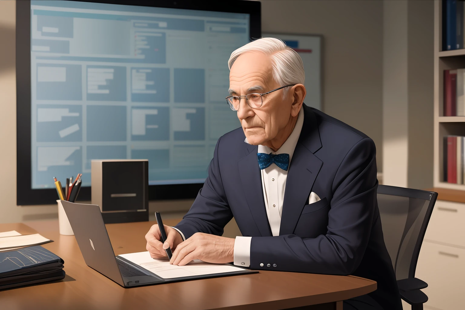 Create a highly realistic and intricately detailed scene depicting an elderly man dressed in formal attire, sitting at a desk in an office setting. Show him with a laptop placed on the desk, indicating that he is a knowledgeable teacher. Surrounding him, include two individuals engaged in a learning session, attentively listening and observing as the elderly man explains the workings of the software on his notebook. Ensure the scene captures the essence of a professional and educational environment. Pay careful attention to the details of the office setting, including the furniture, decor, and props. Use cinematic lighting techniques to enhance the atmosphere of the scene. The final artwork should be rendered in UHD, 8K resolution, showcasing the intricate details and lifelike quality of the scene.
