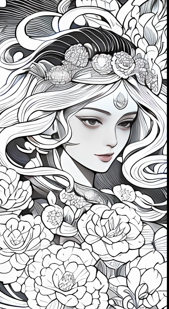 a drawing of a woman with flowers in her hair, beautiful line art, exquisite line art, goddess. extremely high detail, black and white coloring, detailed matte fantasy portrait, line art, extremely fine ink lineart, official illustration, a beautiful artwork illustration, black and white line art, highly detailed linework, lineart behance hd, art nouveau ink illustration