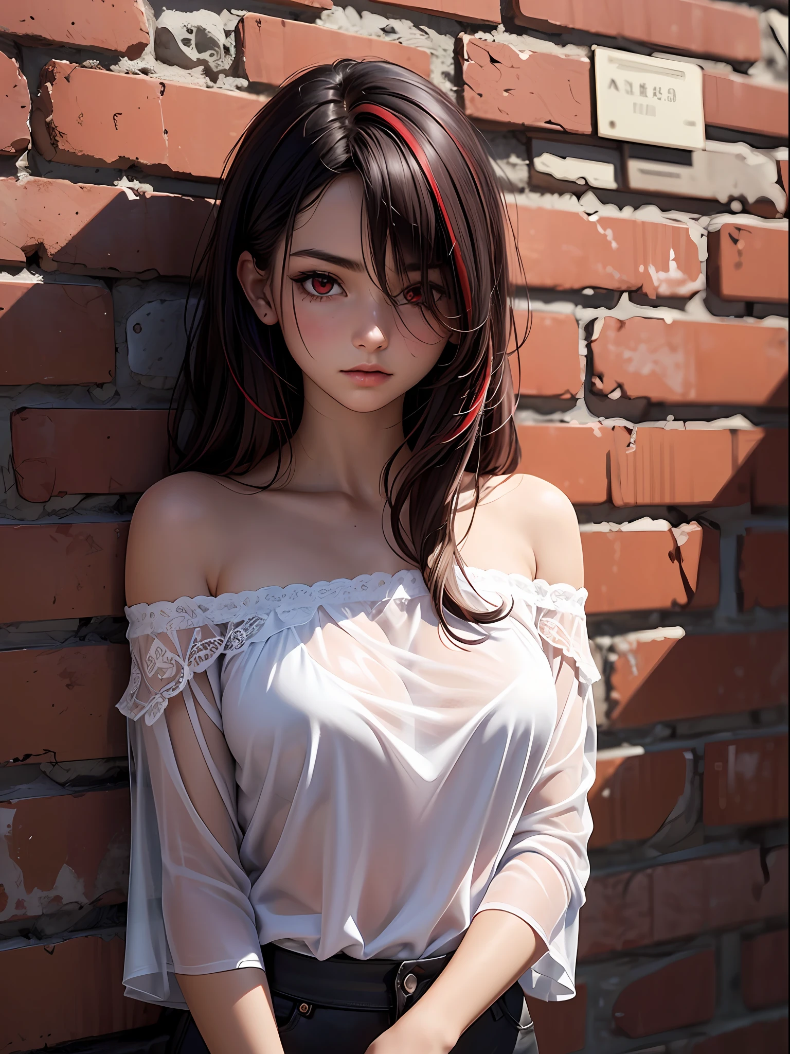 top-quality, intricate detailes, chromatic abberation, 1girl in, length hair, A dark-haired, Unkempt hair, red highlights, Hair above one eye, red eyes, sharp eye, (See-through silhouette:1.2), see -through, over-size white shirt, Cowboy Shots, wind lift, (over-size shirt: 1.2 inch),off shoulders,against a wall, Brick wall, doodle, Dim lighting, alleyway