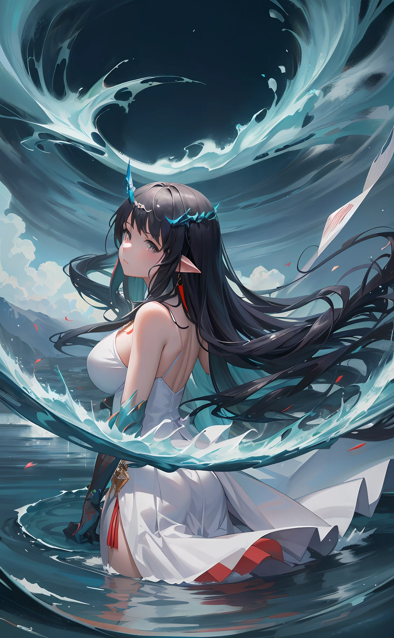 Anime girl in white dress sitting in big waves of water, Detailed digital anime art, Anime art wallpaper 8 K, Guweiz in Pixiv ArtStation, Guweiz on ArtStation Pixiv, 2. 5 D CGI anime fantasy artwork, Anime fantasy artwork, Anime art wallpaper 4 K, Anime art wallpaper 4k, Digital anime art
