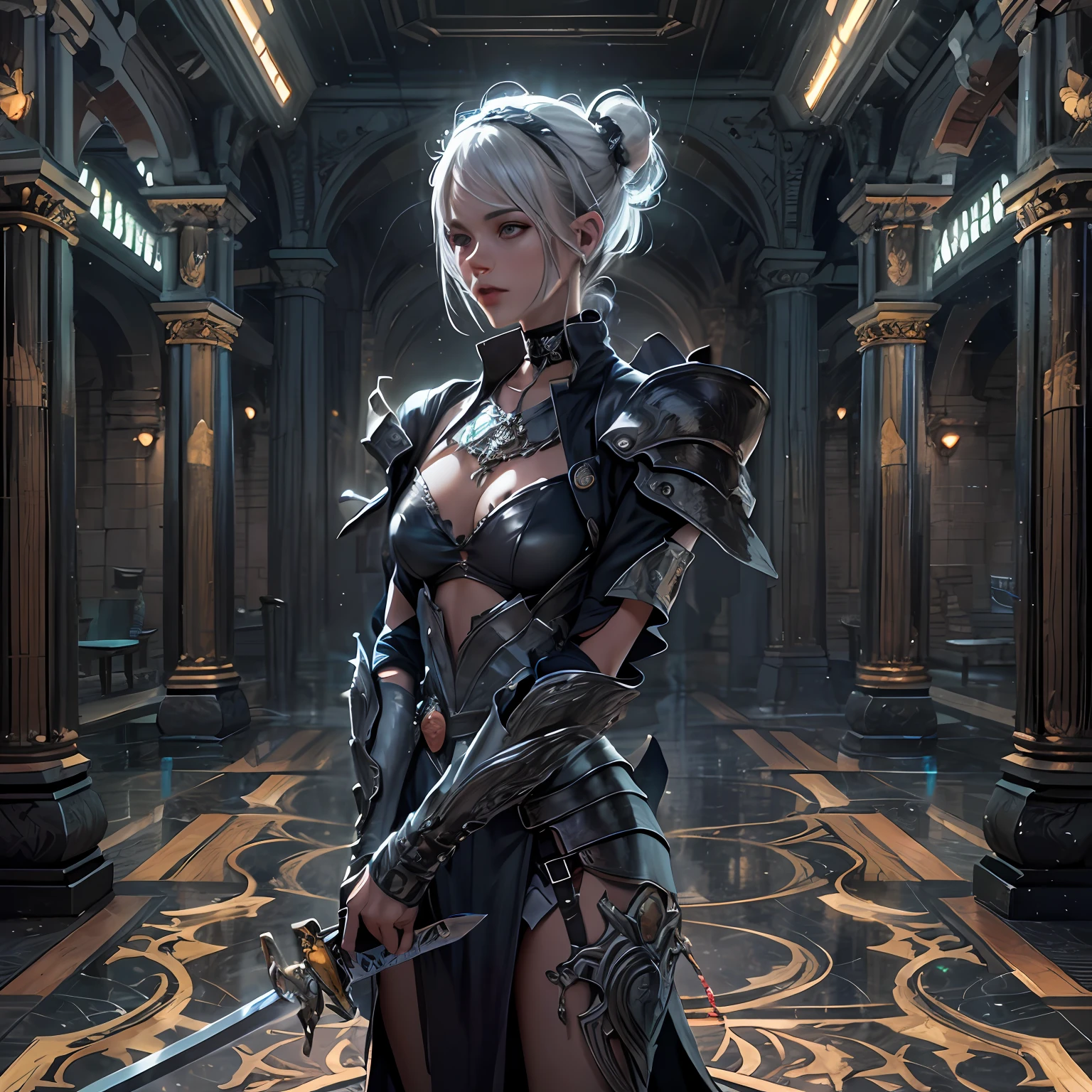 8k masterpiece, wallpaper, full height body potrait of a photorealistic beautiful short silver hairstyle with pigtails and buns seductress priest-knight, wearing beautiful detailed sci-fi headphones ,beautiful, very detailed beautiful face, intricate tattoes, gwith a long two-handed sword, holding a sword in two hands, model hair, in a beautiful very detailed magic room with flying bright glowing trails of energy, choker style colar, detailed face, full body,in very detailed beautiful sexy black dark intricate armor, sexy full body, beautiful eyes, lo-fi, future, Perfectly Centred, Hyper Realistic Cover Photo, High Definition, Cinematic, Smooth, Ultra High Definition, Ultra Sharp Focus, Intricate Artwork, Masterpiece, Epic, Stunning Realistic Photograph, Intricately Detailed, Cinematic, small top, ((1 sword)), 1 sword, megapixel cinematic lighting, anti-aliasing, fkaa, txaa, rtx, ssao, post processing, post-production, tone mapping, cgi, vfx, sfx, full color, volumetric lighting, hdr, realistic, 8k --v 4 --q 2 --stylize 1000 --q 2 0000 --q 2 0000 --s 2