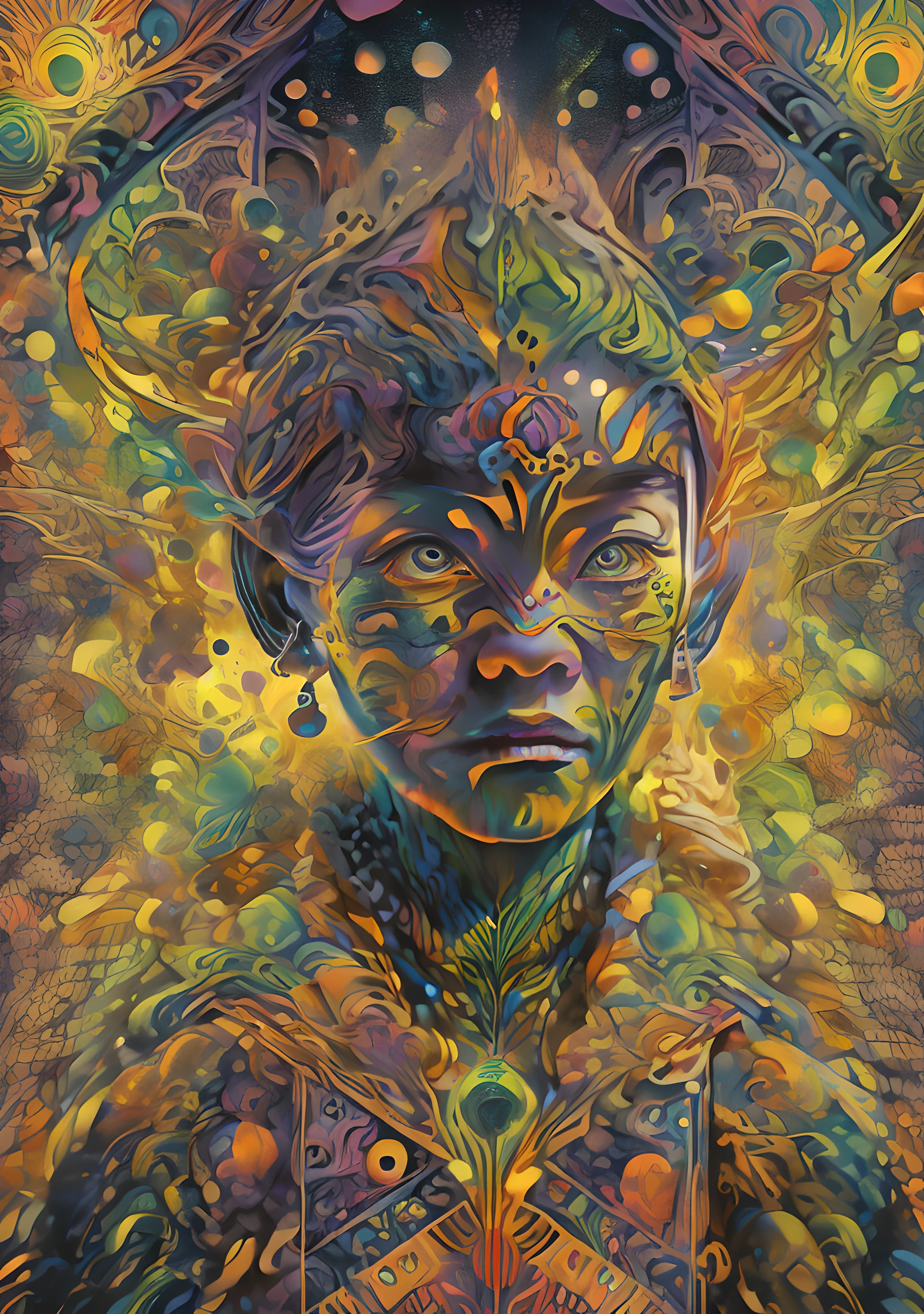 (High resolution, incredibly detailed, masterpiece), portrait of Gedhun Choekyi Nyima ,panchen lama,6 years old, featuring fractal geometry in (vibrant colors:0.8), set against a (galactic background:1.2), bringing together complex, mesmerizing shapes and patterns.dmt .
