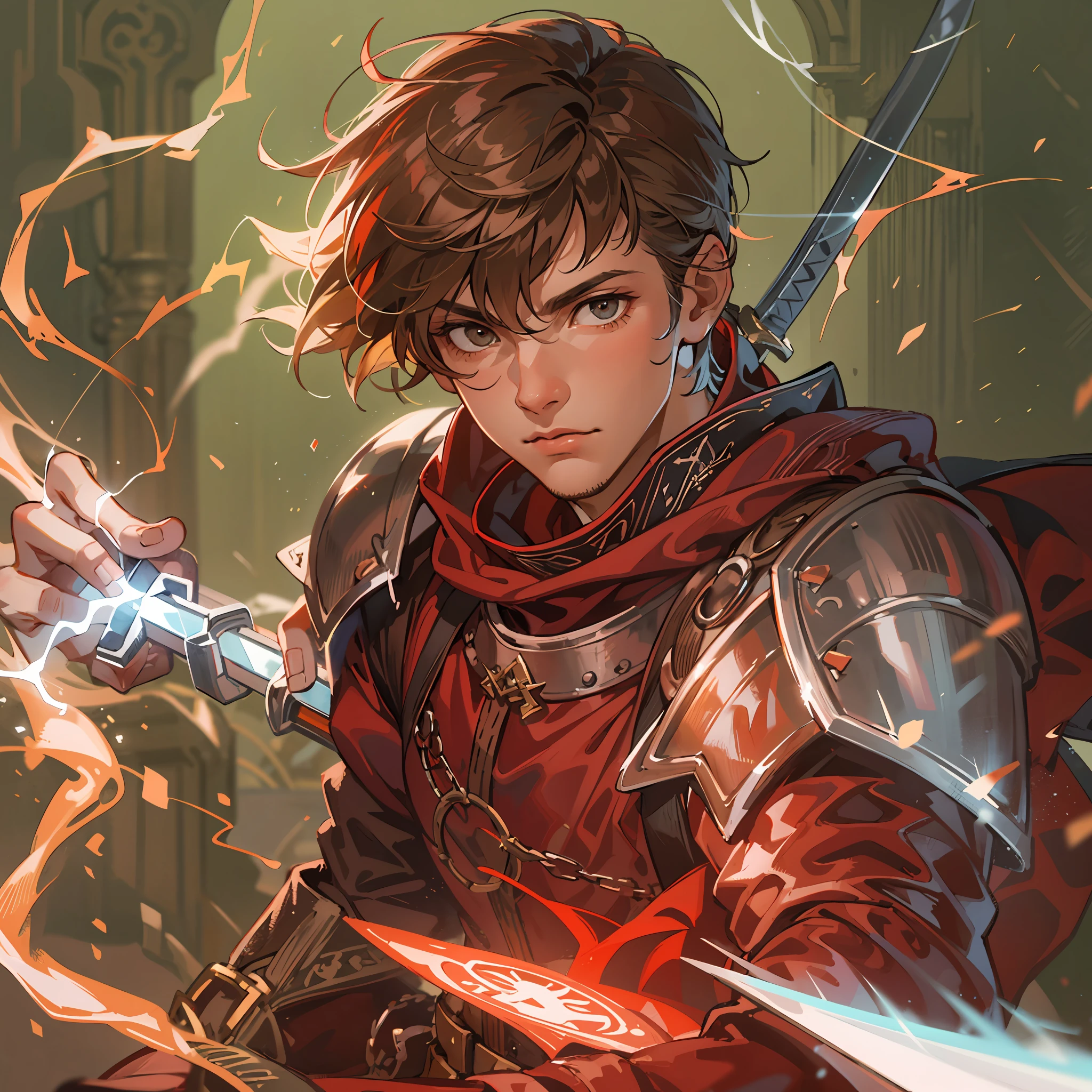 a 17-year-old teenage boy, 1 boy as a swordsman, sword, brown short hair, brown short hair parted in the middle, without a beard, without a goatee, no facial hair, silver colored medieval knight armor, red clothes, with magical lightning bolts on his body, magical runes