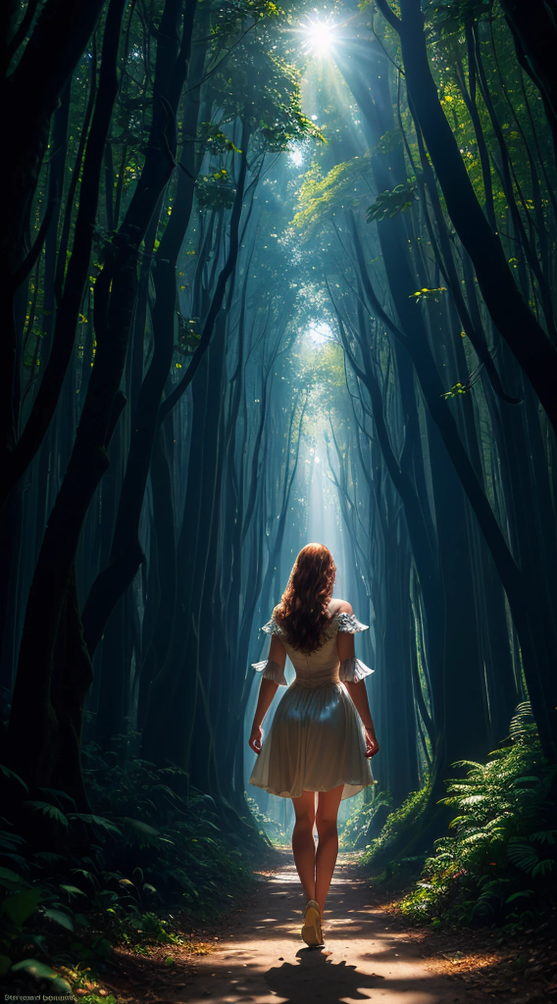 A young woman walking away in a grove with sunlight among the trees, fantasia, lindo vestido antigo, raytracing, volumeric lighting, bela obra de arte, bela luz, perfect compositio, adobe illustrator, digital art, pintura digital, cores pasteis, oil paint, 8k, alta resolução, alta qualidade, soft colors, fantasy, magical, symmetr, corpo perfeito, bela anatomia, anatomia perfeita, 8k, 4k, uhd, hdr, corel draw, professional art.