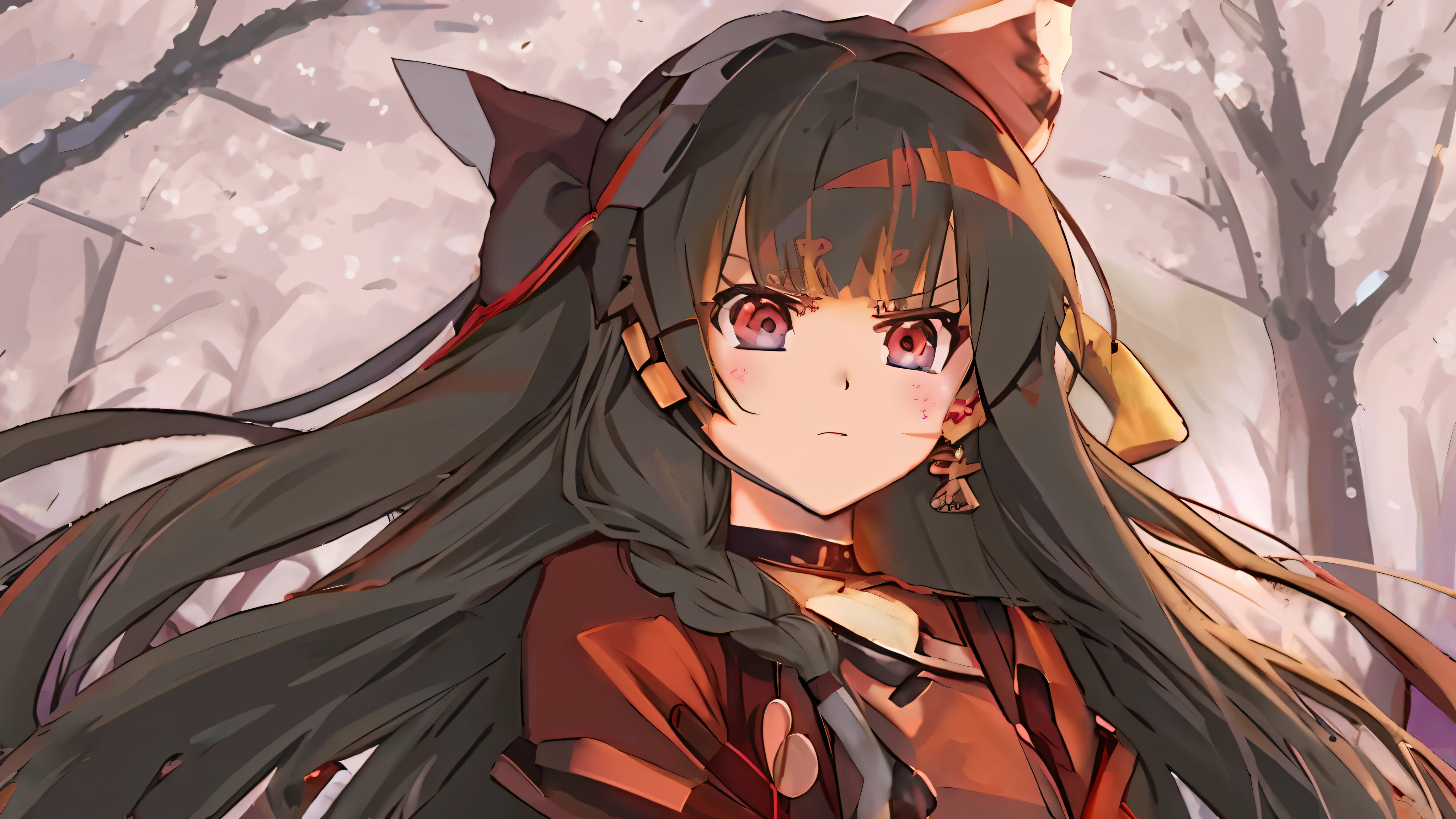 Anime girl with long hair and red eyes in the forest, tohsaka-rin, Anime moe art style, reimu hakurei, gapmoe yandere, artistic renderings of Reimu Hakurei, Anime waifu, Yandere, Anime art style, ig studios anime style, Anime Stylization, Anime style portrait, Anime art style, Ayaka Genshin impact,