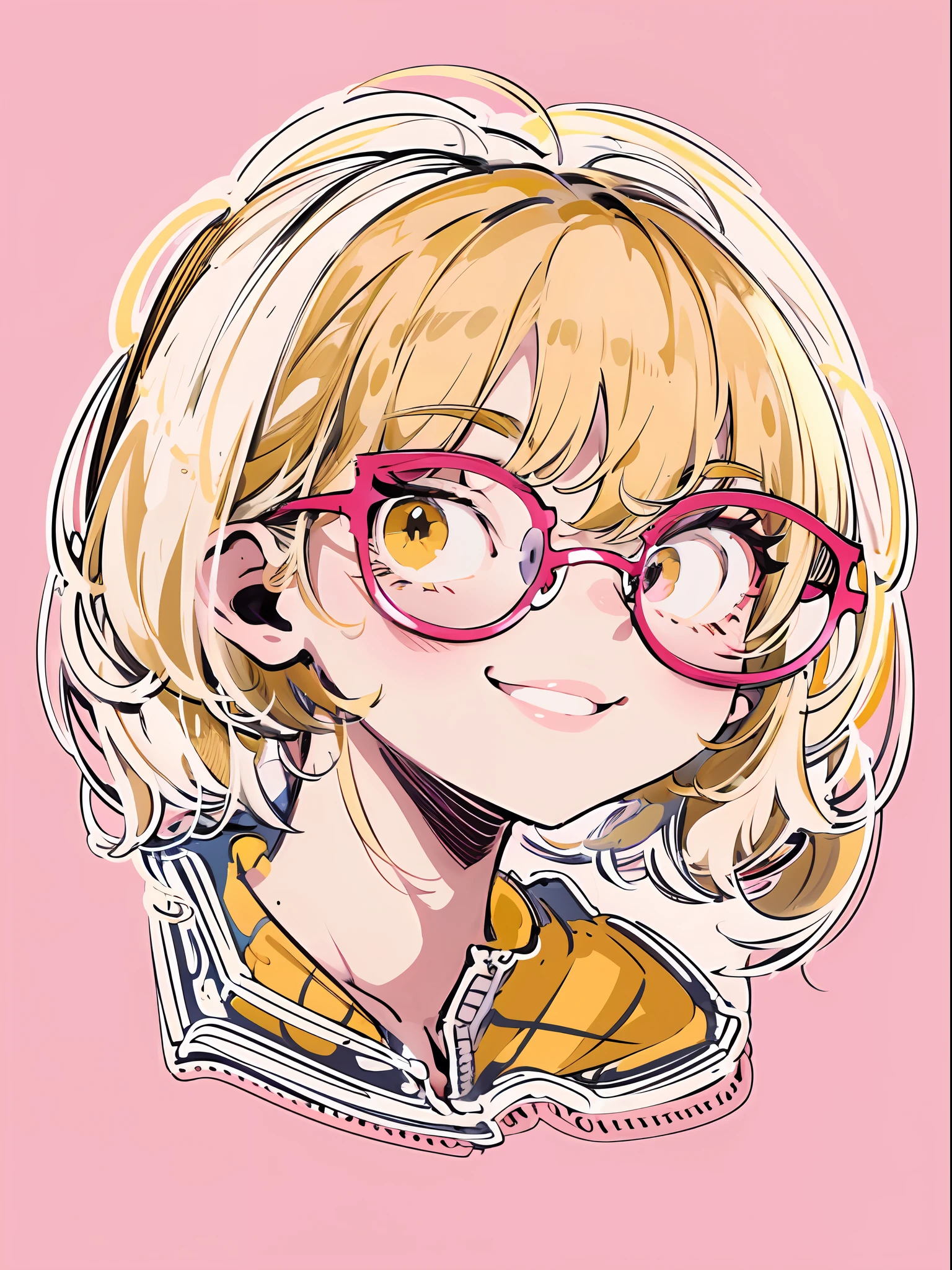 sticker, cute anime girl head, bob style, wearing glasses, smile, bright yellow background in circle, white Background, red pink, Simple, Ultra Detailed, Detailed Drawing, Vectorization, Silhouette, 8k, professional sticker design, flat design, vector lines, sticker, drawing, Drawing, Full HD