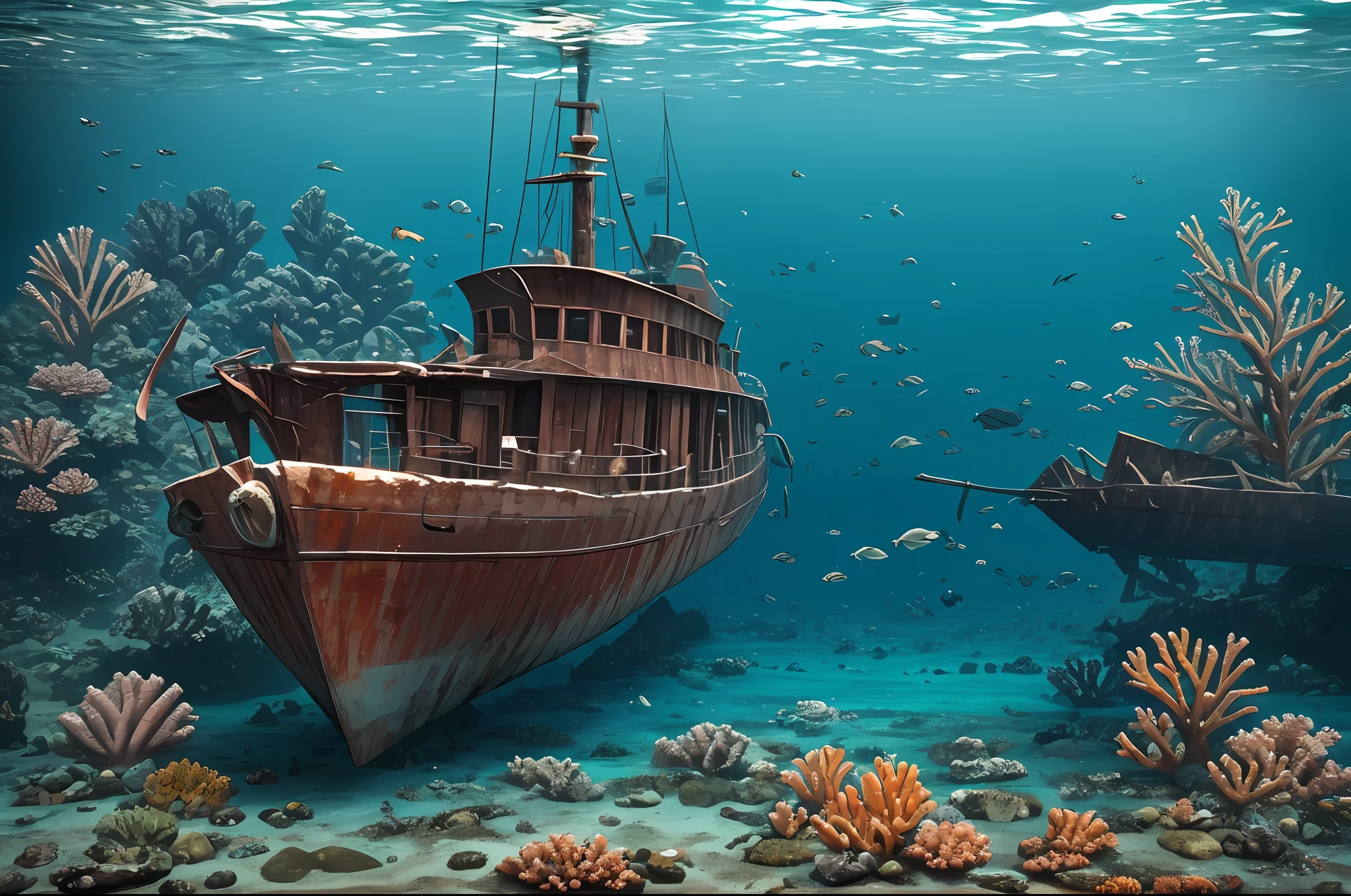 Underwater scene, debris of a shipwreck, rusty ship, partially covered by corals and green and russet algae. Fishes swimming, a hammer shark. Dynamic scene. Clear, almost transparent bluish water, illuminated from above, water reflections. Photography, realistic raytracing. --auto --s2