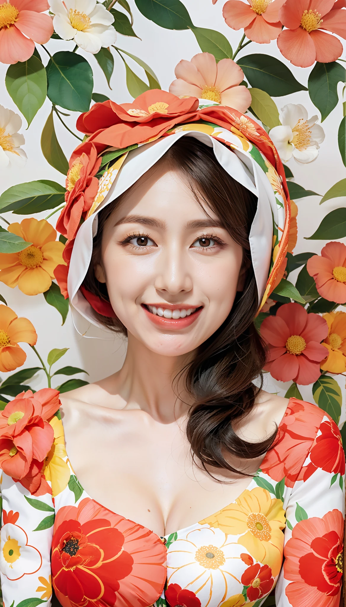 (flat-colors:0.9),(colourfull:1.1),(masterpiece:1,2), top-quality, masterpiece, hight resolution, Original, (flat-colors:0.9),(colourfull:1.1),(masterpiece:1,2), top-quality, masterpiece, hight resolution, Original, highly detailed wallpaper, Viewer's Perspective,Solo,portlate, ((A MILF))、58 years old、Mature Woman Body Set、Exposing breasts、showing teeth、Detailed tongue、Detailed mouth、Staring at this、Wrinkles at the corners of the eyes、Floral background、