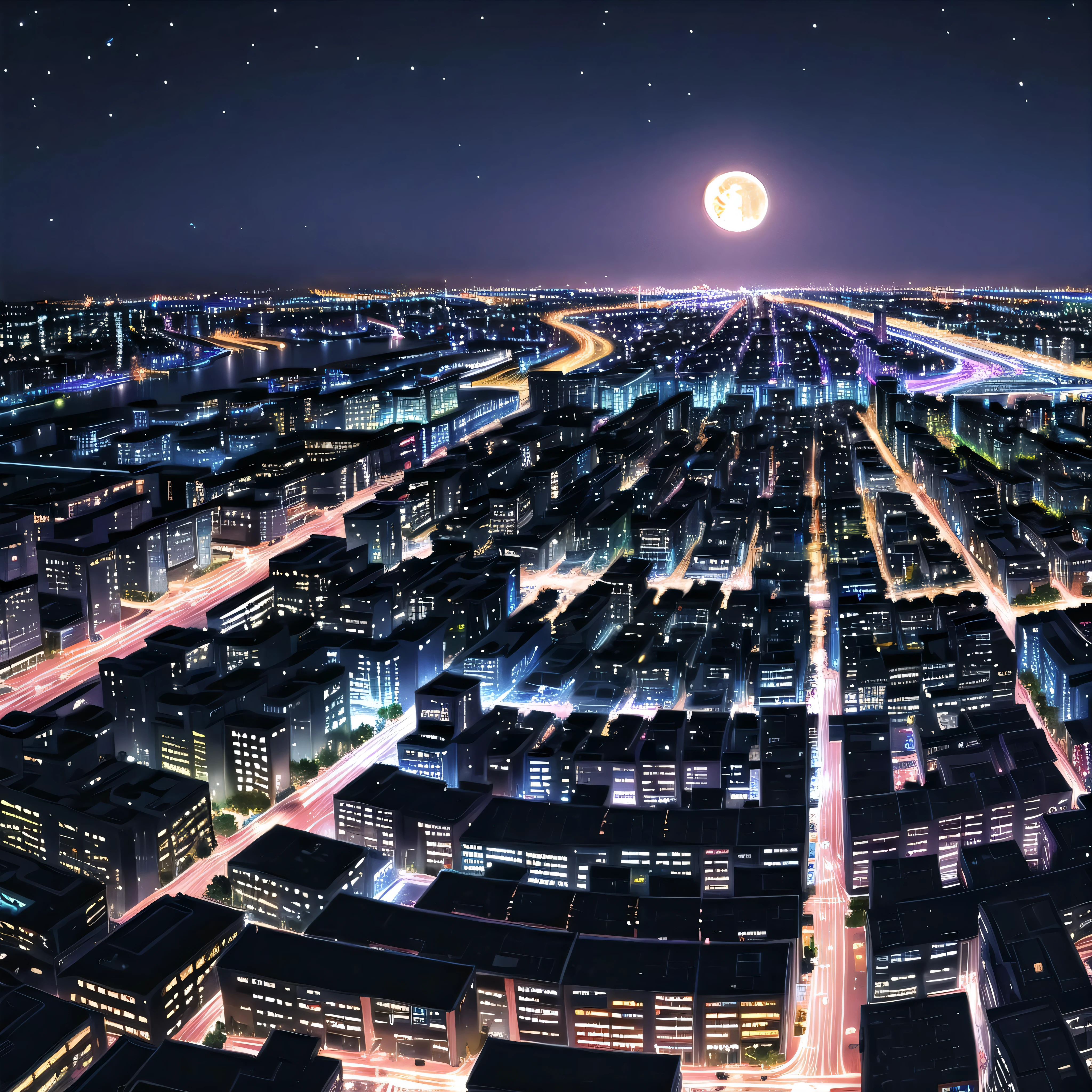 yofukashi background, cityscape, night, starry sky, moon