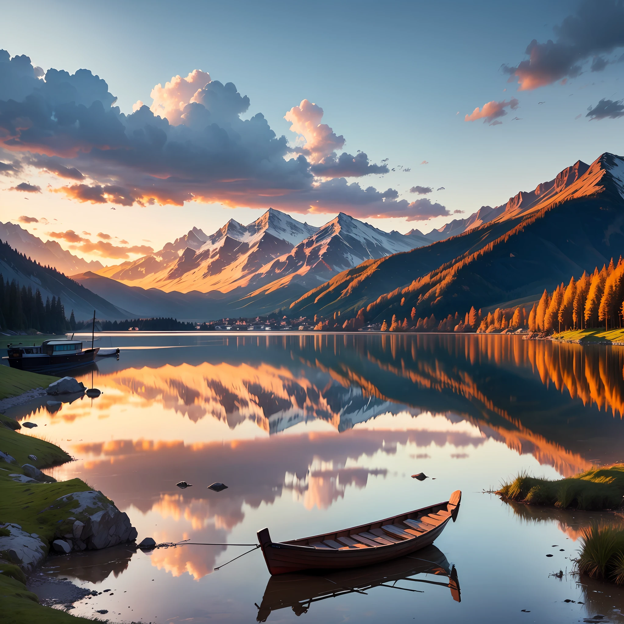 (best quality) A lakeside scene with a gorgeous mountain scenery, featuring a wooden boat at sunset with a good composition.