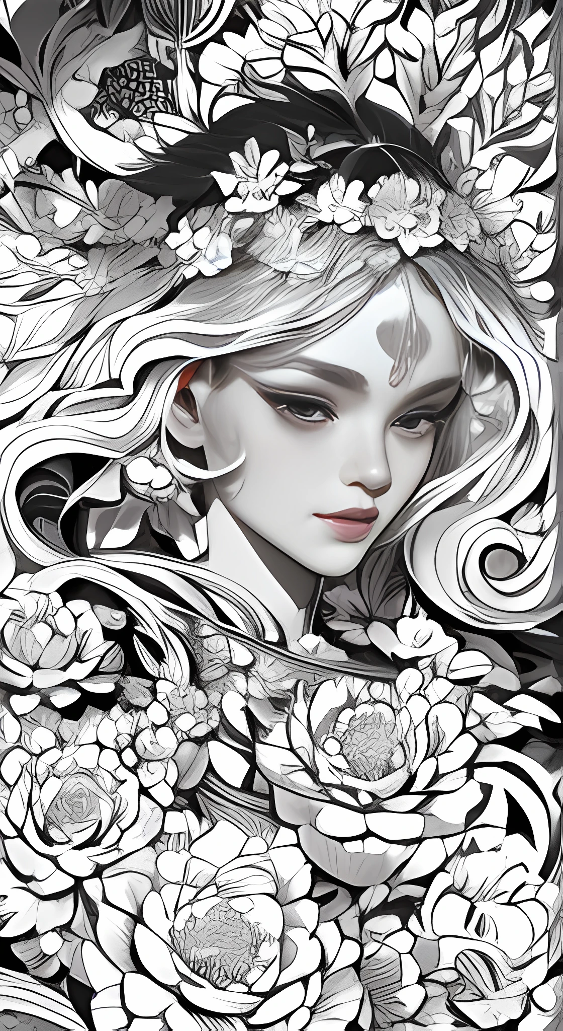 a drawing of a woman with flowers in her hair, beautiful line art, exquisite line art, goddess. extremely high detail, black and white coloring, detailed matte fantasy portrait, line art, extremely fine ink lineart, official illustration, a beautiful artwork illustration, black and white line art, highly detailed linework, lineart behance hd, art nouveau ink illustration,masterpiece, best quality, (extremely detailed CG unity 8k wallpaper), (best quality), (best illustration), (best shadow), absurdres, realistic lighting, (Abyss), beautiful detailed glow