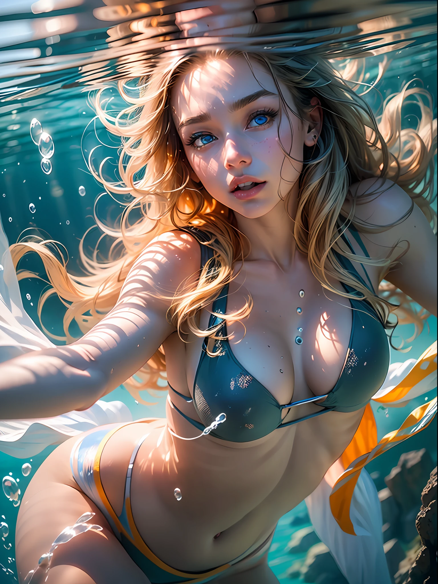 supergirl, bikini, blue eyes, blonde hair, long hair, (wet skin:0.8), (blonde girl:1.5), (full-body:1.2), (breast focus:1.2), (realistic:1.2), underwater shot, (realism:1.2), (masterpiece:1.2), (best quality), (ultra detailed), (8k, intricate), (85mm), light particles, lighting, (highly detailed:1.2), (detailed face:1.5), (gradients), sfw, colorful, (detailed eyes:1.5), (detailed background), (dynamic angle:1.2), (dynamic pose:1.2), (rule of third_composition:1.3), (Line of action:1.2), wide shot, nightlight, solo.