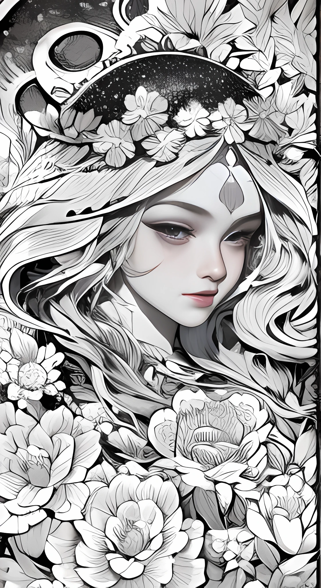 a drawing of a woman with flowers in her hair, beautiful line art, exquisite line art, goddess. extremely high detail, black and white coloring, detailed matte fantasy portrait, line art, extremely fine ink lineart, official illustration, a beautiful artwork illustration, black and white line art, highly detailed linework, lineart behance hd, art nouveau ink illustration,masterpiece, best quality, (extremely detailed CG unity 8k wallpaper), (best quality), (best illustration), (best shadow), absurdres, realistic lighting, (Abyss), beautiful detailed glow