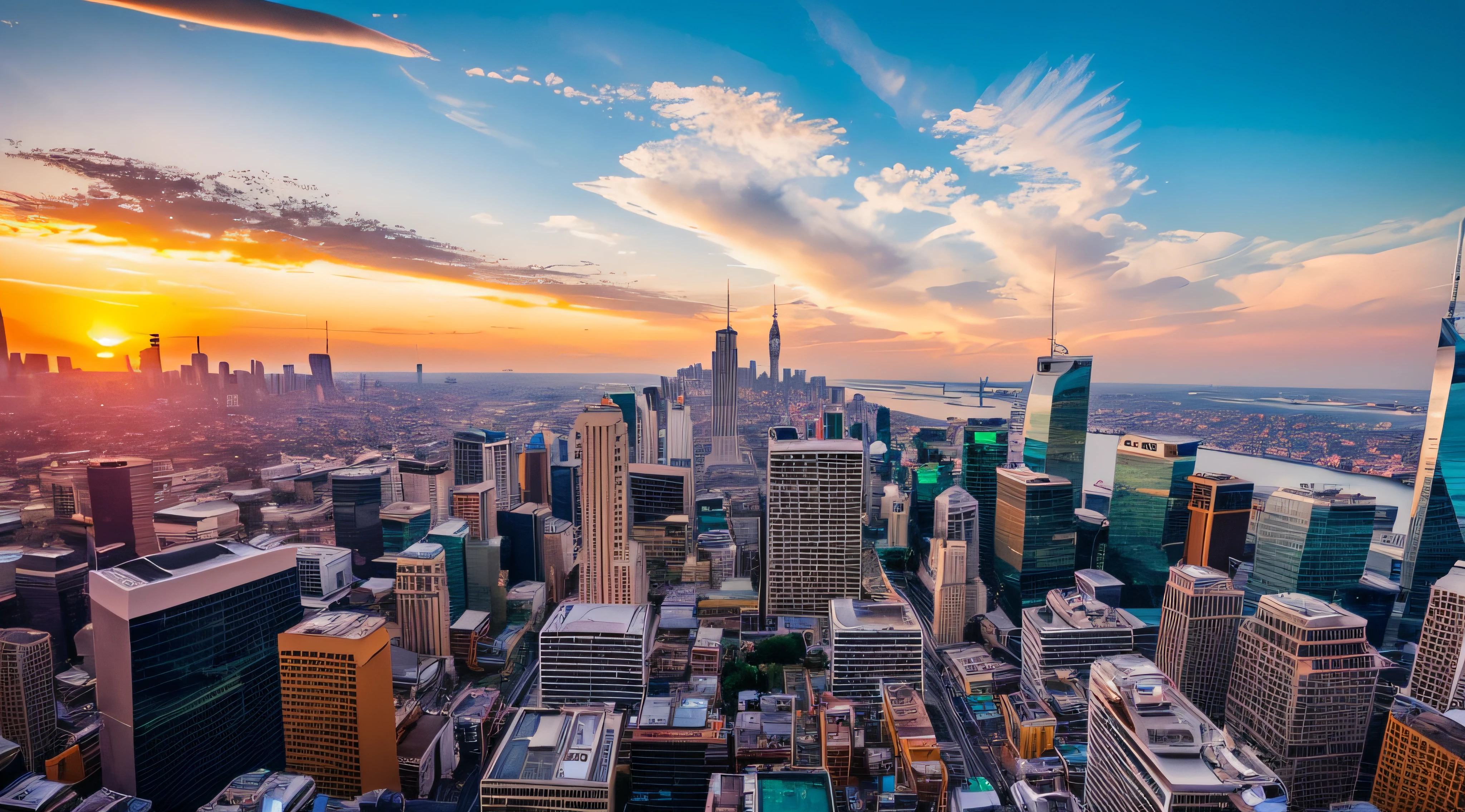 (An awe-inspiring, breathtaking capture of a stunning, picturesque sunset skyline over a bustling cityscape.)