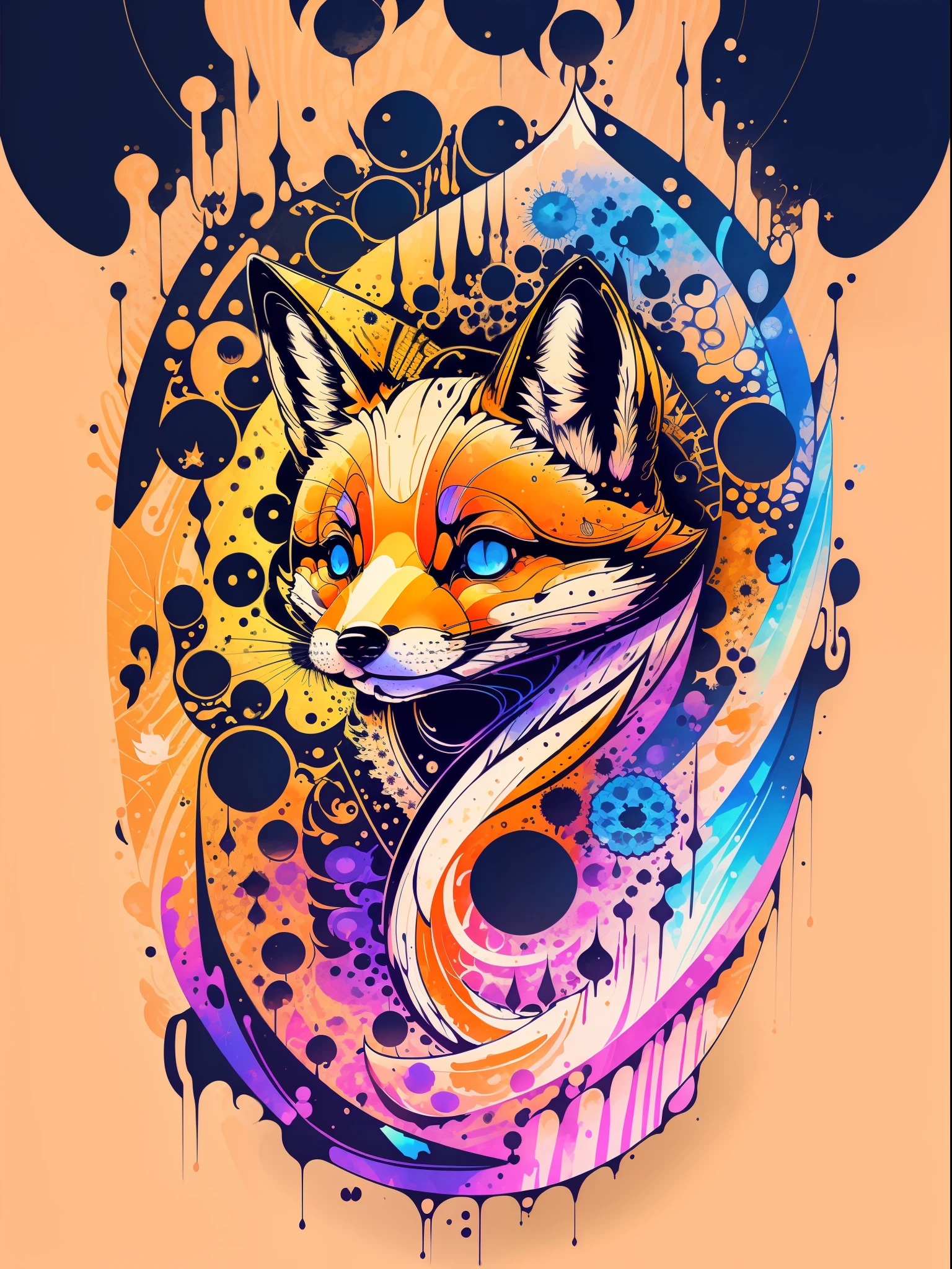 in the style of 0mib, adorable japanese fox, prismatic shards, reflecting fractal circles, ink spatter, melting brush strokes, particles vortex, dramatic lighting, high quality, beautiful, masterpiece