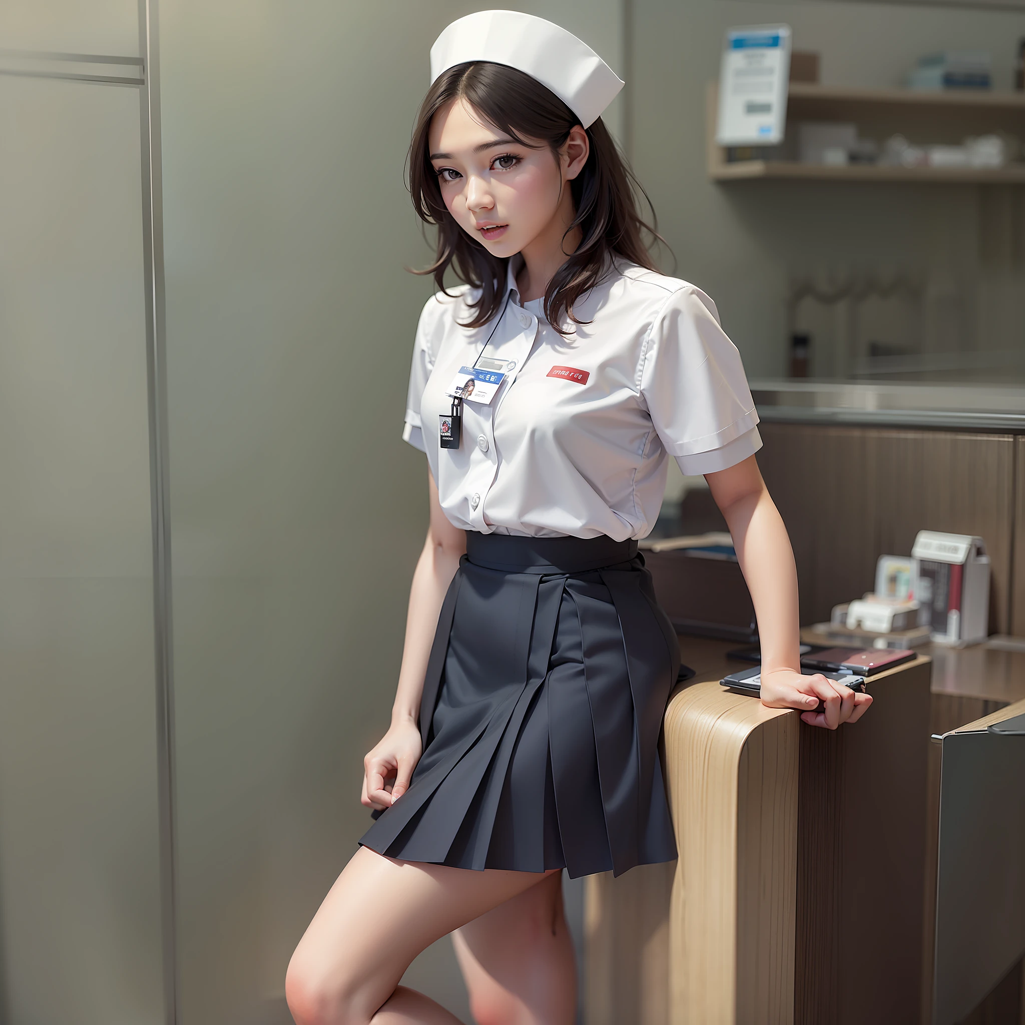 A Hong Kong girl wearing a formal nurse's uniform，20yr old，Bigboobs，Slimming the waist，Young legs，White slippery，黑The eye，Brown hair，