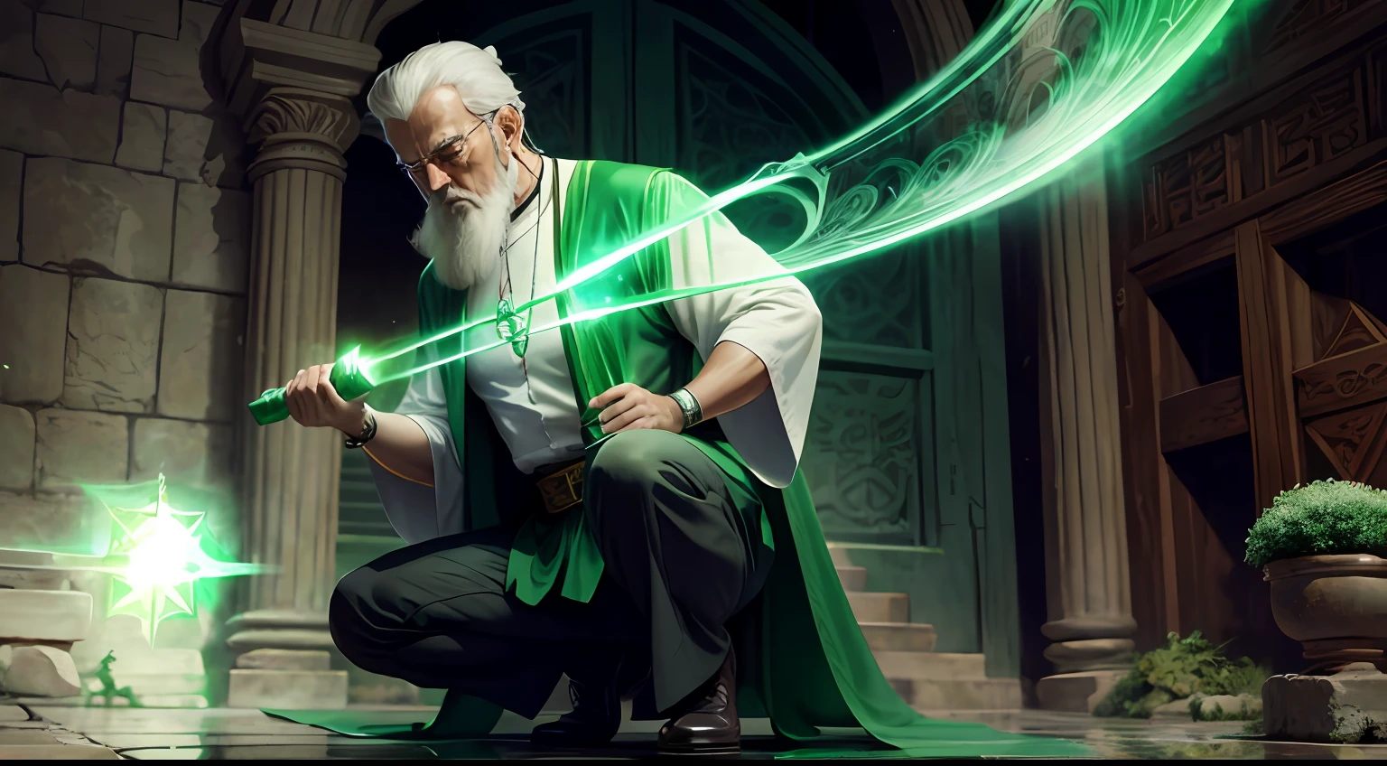 ancient priest on his knees lifting an emerald green emerald tablet empowered --auto