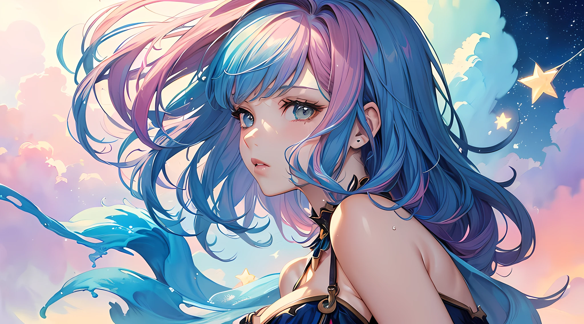 (masterpiece, top quality, best quality,watercolor (medium),official art, beautiful and aesthetic:1.2),(1girl:1.3), (fractal art:1.3),upper body, from side, looking at viewer,patterns,(rainbow color Hair,colorful hair,half blue and half pink hair:1.2),water,liquid, cloud,colorful, starry,stars,