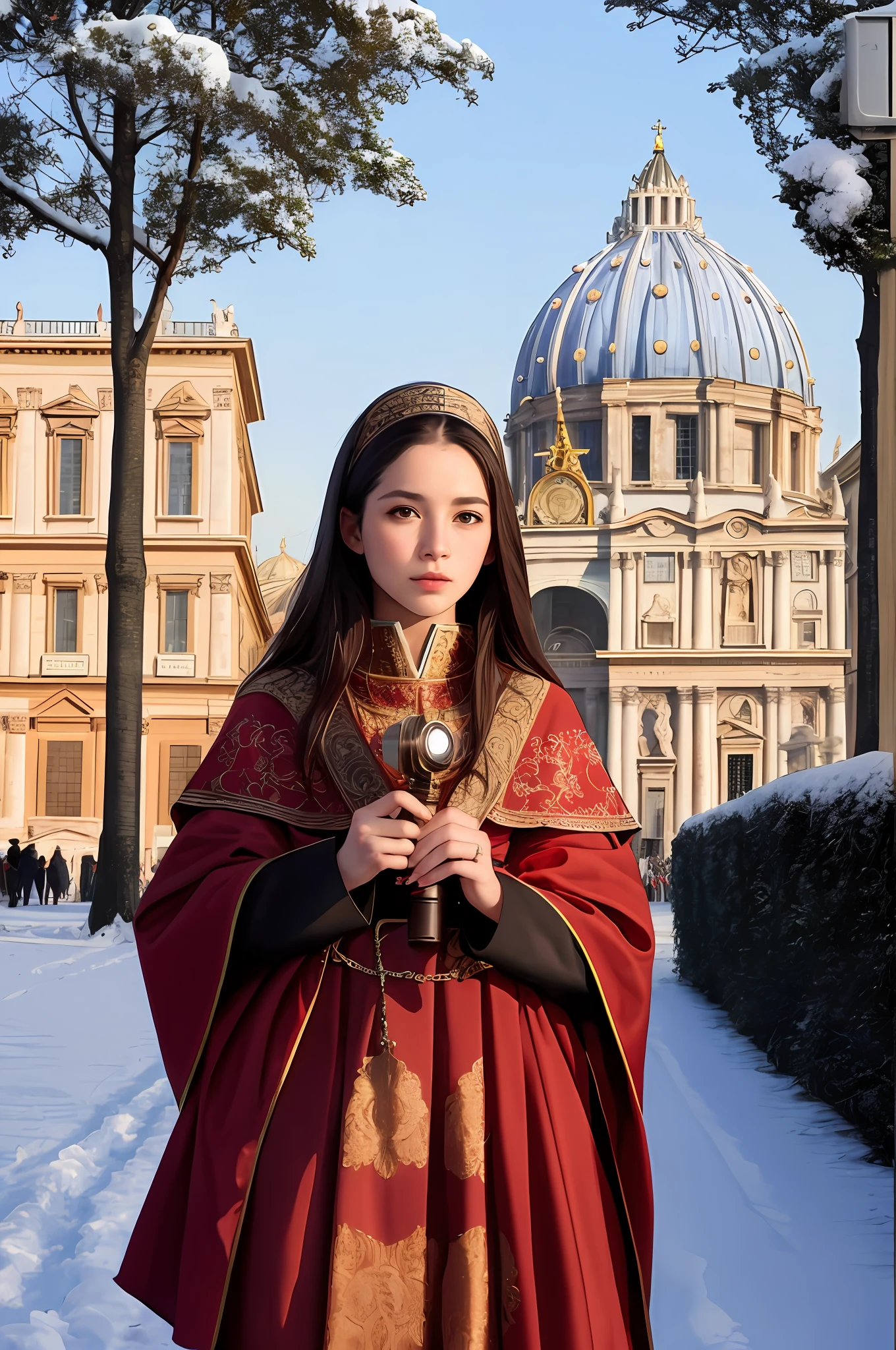 (Positive focus),2girls,duo,navel,(on the St. Peter's Square of Vatican,crowd,winter,Snowy),Surrealistic Female Portraits by David Hockney and Alphonse Mucha,Fantasy art,photograph realistic, Dynamic lighting,art stations,poster for,Volumetriclighting,Very detailed faces,4K,Award-Awarded,Fantastic costumes,Deep shadows,low tune,cowboy lens, (official outfit:1.4), looking at the camera in, Half-body shot,((Realistic face))),
