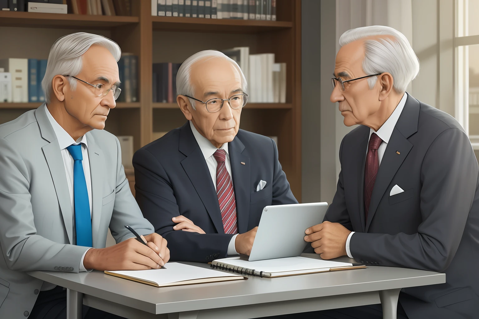 Create a highly realistic and intricately detailed scene depicting an elderly man dressed in formal attire, sitting at a desk in an office setting. Show him with a laptop placed on the desk, indicating that he is a knowledgeable teacher. Surrounding him, include two individuals engaged in a learning session, attentively listening and observing as the elderly man explains the workings of the software on his notebook. Ensure the scene captures the essence of a professional and educational environment. Pay careful attention to the details of the office setting, including the furniture, decor, and props. Use cinematic lighting techniques to enhance the atmosphere of the scene. The final artwork should be rendered in UHD, 8K resolution, showcasing the intricate details and lifelike quality of the scene.