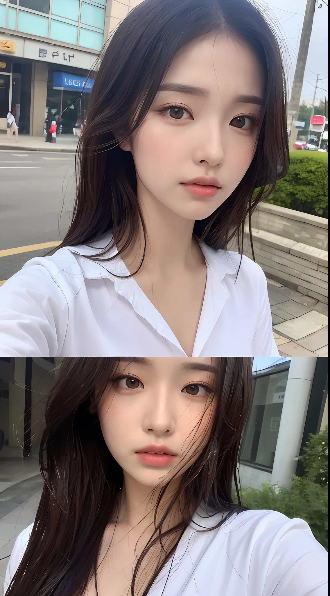 ((Best Quality, 8K, Masterpiece: 1.3)), Sharp: 1.2, Perfect Body Beauty: 1.4, Slim Abs: 1.2, ((Layered Hairstyle, Big Breasts: 1.2)), (Wet White Button Long Shirt: 1.1), (Rain, Street: 1.2), Wet: 1.5, Highly detailed face and skin texture, detailed eyes, double eyelids, side face looking at the camera