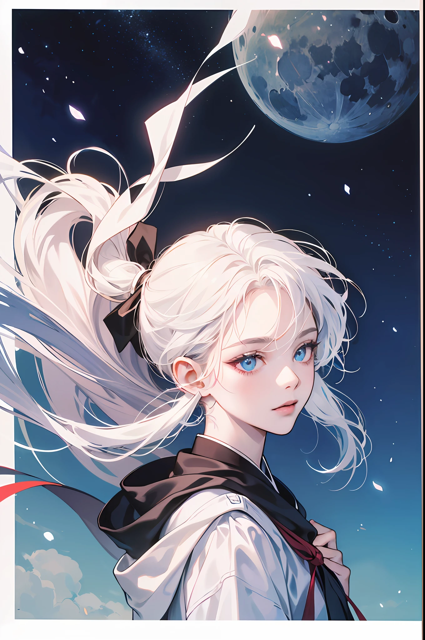 Masterpiece, (Best Quality: 1.2), (Super Fine: 1.2), Illustration, (Extremely Delicate and Beautiful: 1.2), Film Angle, Floating, (Beautiful Detail Eye: 1.1), (Detail Light: 1.1), Film Lights, Delicate Sky, Woman, White Hair, Blue Eyes, (High Ponytail: 1.1), Cloak, Glowing Eyes, (Moon: 1.2), (Moonlight: 1.1), Starry Sky, (Light Particles: 1.1), Fog , snow painting, sketching, blooming --auto