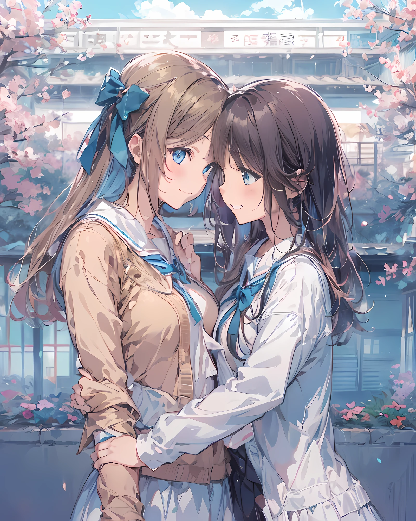 Illustration of two high school girls hugging each other, Backhug illustration, cheek to cheek, A tall girl hugging a short girl from behind, anime style illustration, hight resolution, ultra-detailed, (1girl in:1.3), (Dynamic Pose):1.0 Breaks, (((Upper body image:1.37)), ((Detailed blue eyes:1.3)), (bokeh effects), (Dynamic Angle), One very beautiful and attractive anime wife in a gorgeous competitive dance hall, (Japan High School Girl Uniform:1.37), BREAK, (lower girl has a wavy twin-tailed hairstyle with brown hair, medium breasts⁩, slender, blush), (taller girl has black straight hair, big breast, slender, light smile, Happy), Wind, 8 life-size, detailed  clothes, Detailed body, detailed arms, Human Hands, Detailed hand, Perfect nose, blush, lightsmile, Pinclip Gloss, Look at viewers, Facing the viewer, sexy model posing, Floating hair, BREAK, Studio Soft Light, Cinematic Light, Gorgeous dancehall background:1.3, Detailed background, Realistic, Ultra-realistic, masutepiece, 32K ultra-clear images, Japanese anime waifu, Concept art by Kyoto Animation, By Shinkai Makoto,