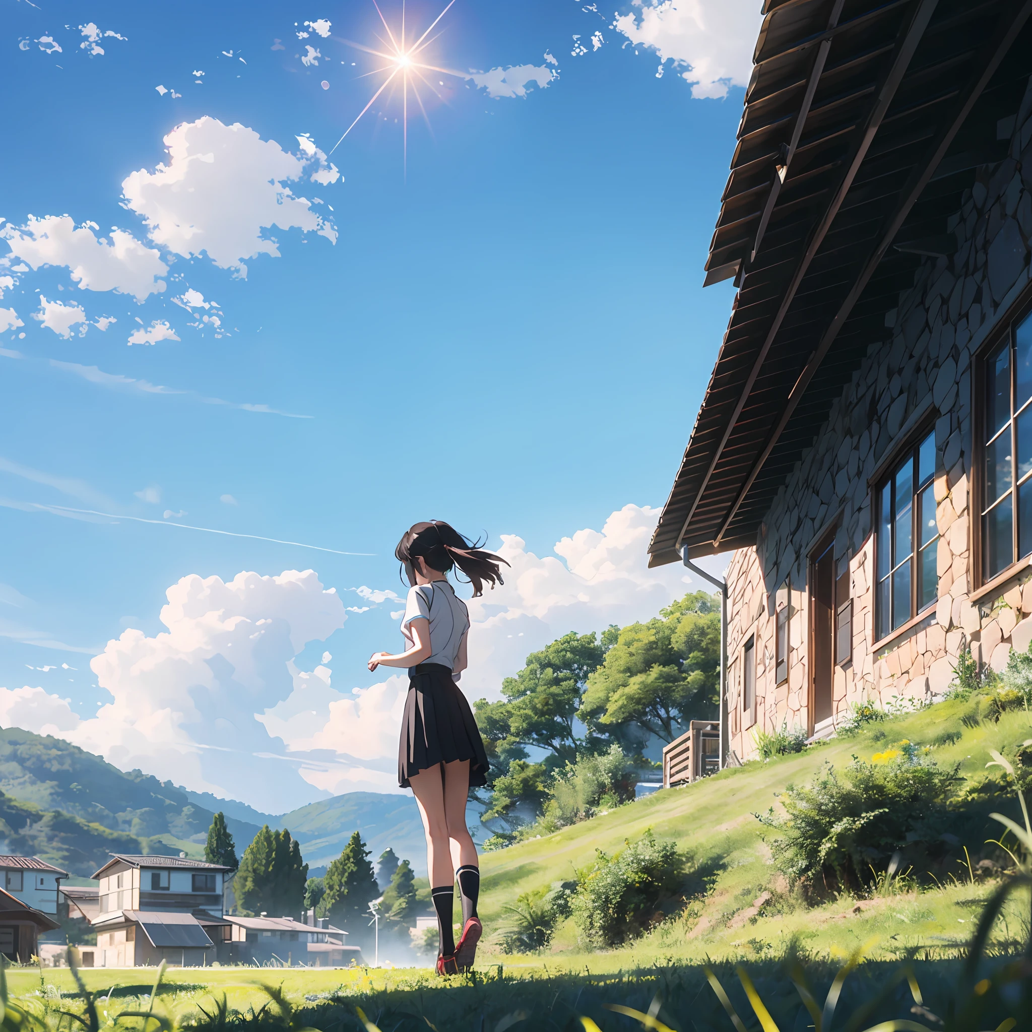 Sunnyday，baiyun，suns，grassy fields，light blues，Rustic，wind generator，hyper realisitc，1girll，jk，short  skirt，Back shadow，4K，shot from a far distance --auto
