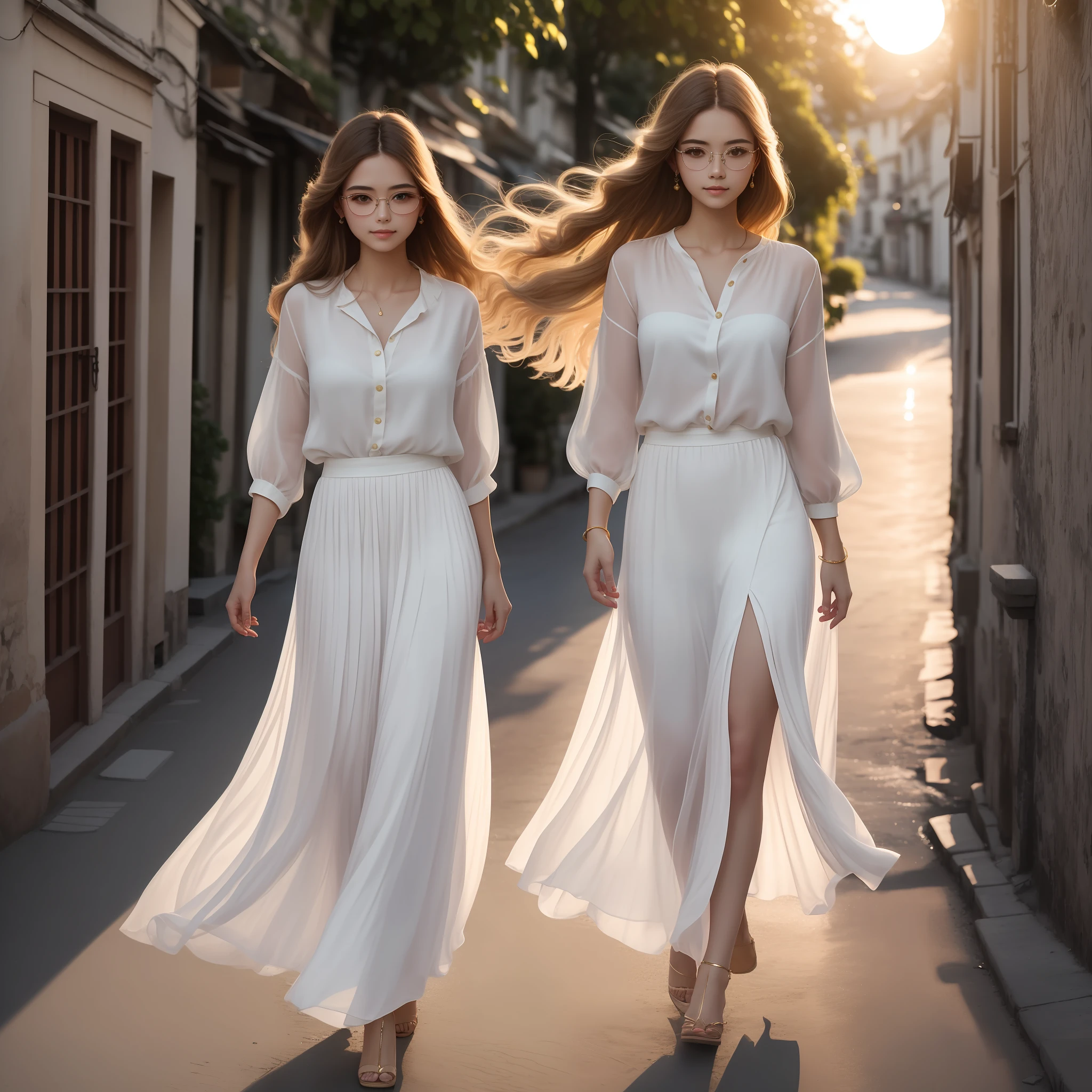 Delicate and pretty woman with long hair、Turning around in the backlight of the setting sun, Hair spreads、Glowing in gold、White linen blouse and long skirt、Round rimless glasses、Bright eyes、Dainty, delicate, ephemeral and dangerous beauty、Beauty of France and Vietnam、24 year old --auto