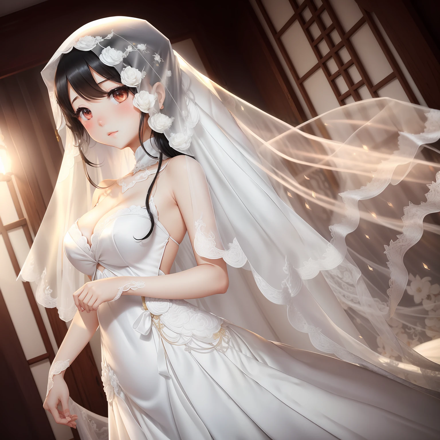 full bodyesbian,white colors,wedding gown,Veil,oriental girl,Beautiful,long whitr hair,high qulity,llight rays, type,Cute type,Small size,The color hair,Black eyes,Bigchest。 --auto