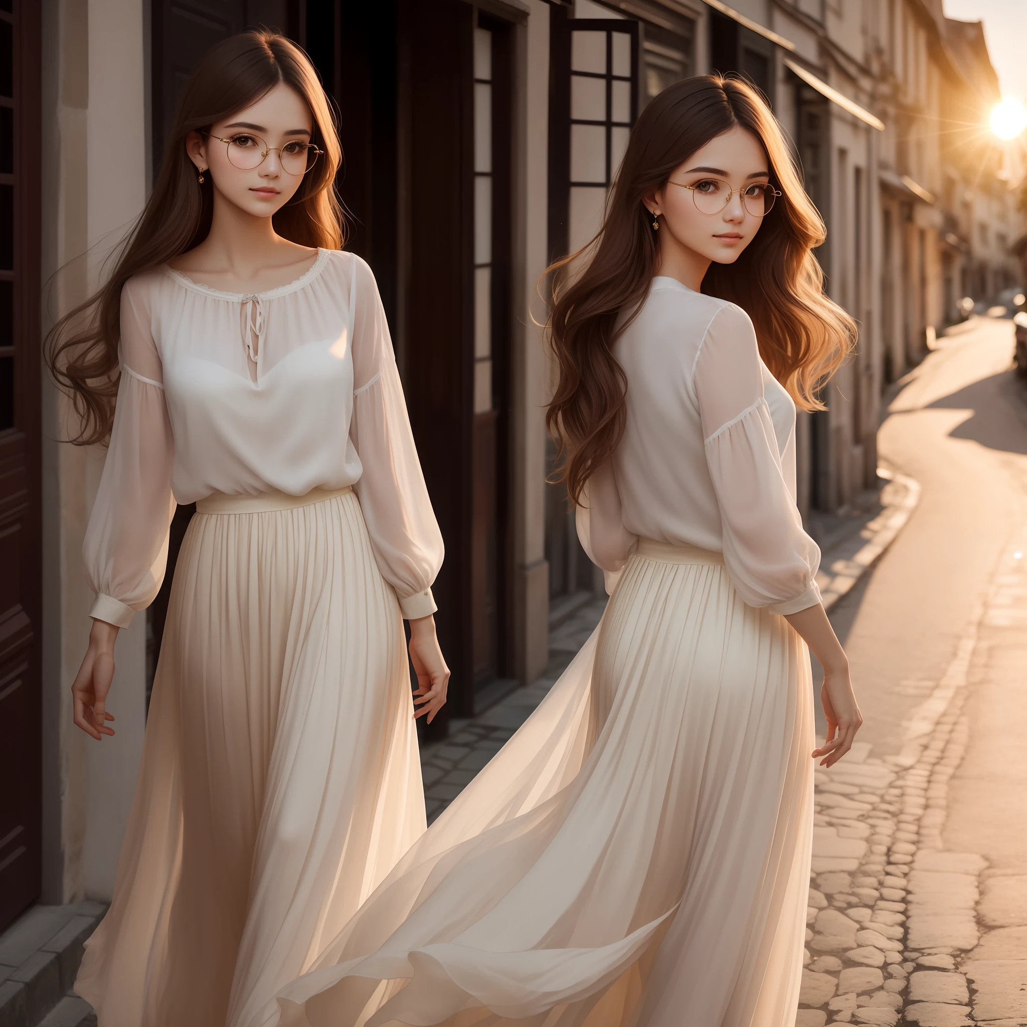 Delicate and pretty woman with long hair、Turning around in the backlight of the setting sun, Hair spreads、Glowing in gold、White linen blouse and long skirt、Round rimless glasses、Bright eyes、Dainty, delicate, ephemeral and dangerous beauty、Beauty of France and Vietnam、24 year old --auto