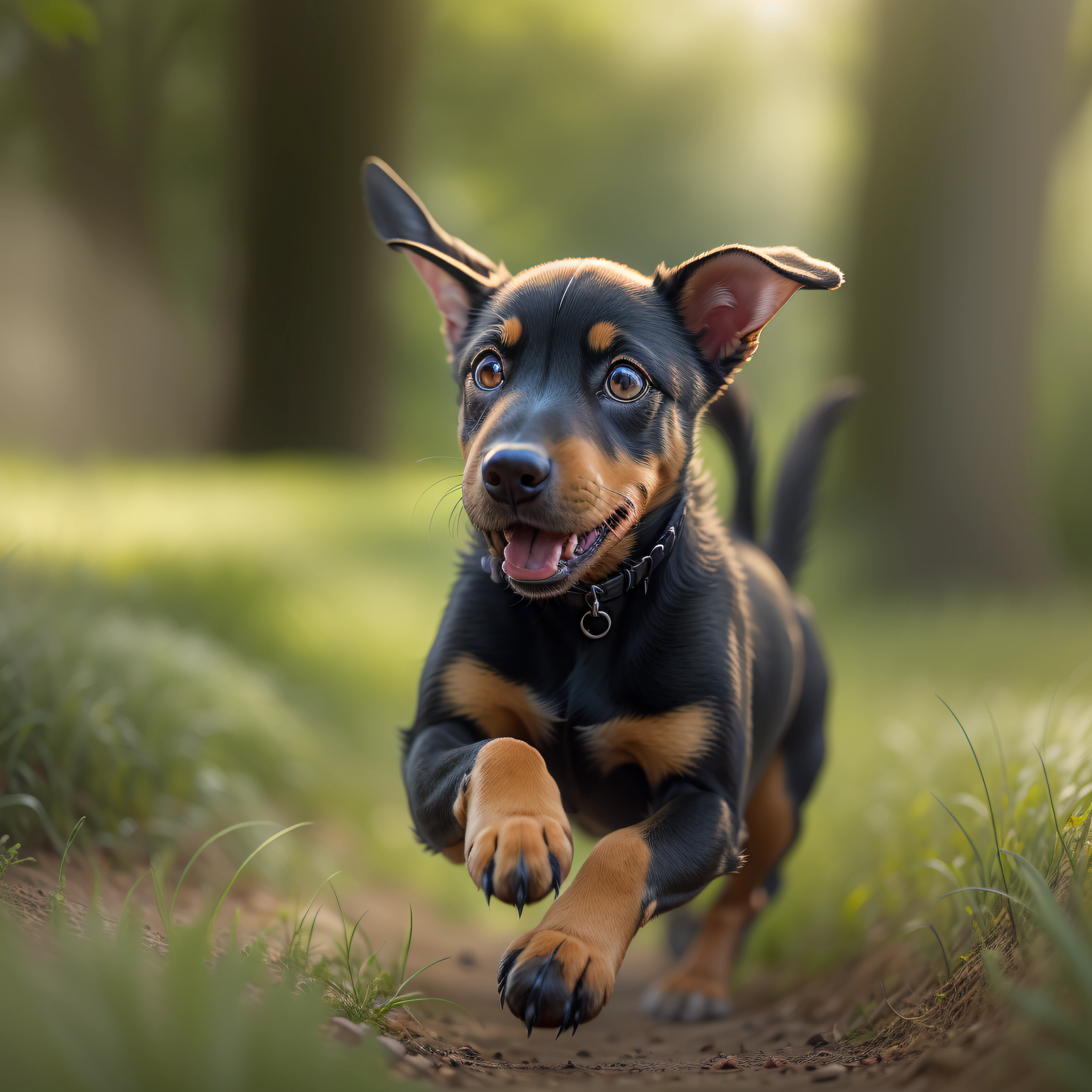 (masterpiece) cute doberman  puppy, still very young and playful, running in a grassy yard. The image captures the movement and energy of the pup as he traverses the path. The resolution is high, ((high detail)) ((4k)), allowing you to appreciate every detail of his fluffy fur. Sunlight filters through the trees, creating faint rays of light that bring out the color of his fur. His little paws move quickly, kicking up little clouds of dust in his wake as he strides forward with joy and curiosity. 35mm lens, bokeh 2.4