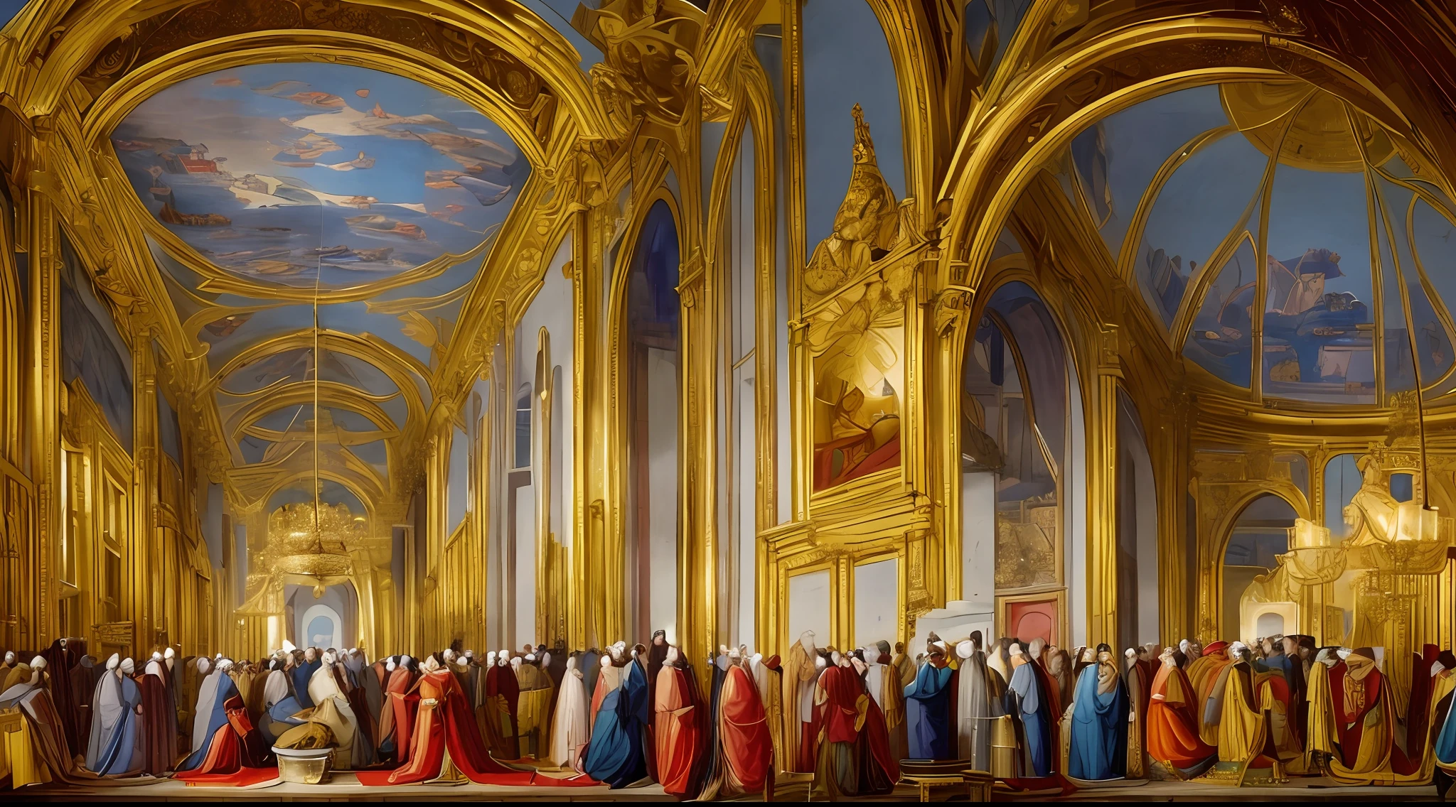 UM REI, MALE GENDER IN A HUGE ROOM OF A PALACE, DIANTE DE UMA PAREDE CHEIA OBRAS DE ARTE, QUADROS DE PINTURAS DE PAISAGENS. KING OF THE MIDDLE AGES, period clothes. LUZES DE CANDELABROS. ULTRA QUALITY IN RESOLUTION, ULTRA REALISTA, 8K , O MELHOR QUE PUDER CRIAR --auto