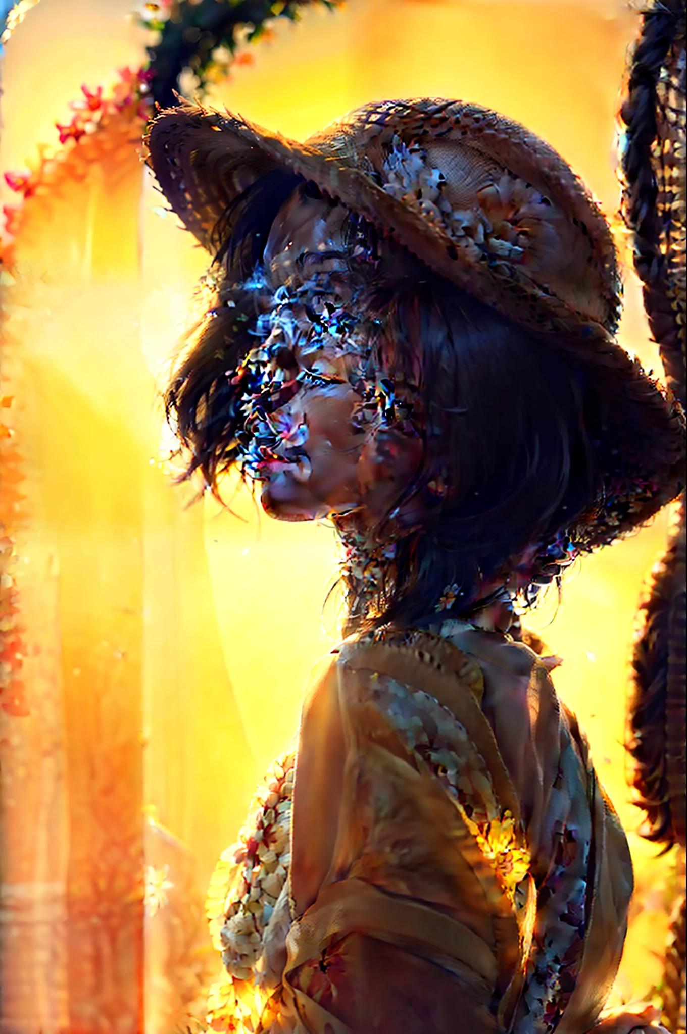 (extreme close up:1.5), (face focus:2),(Style of ???? ???:1.5),
((side face:2)),(1girl surrounded by soft_light:1.5), (backlighting:1.8), (lighting),(flowing fabric:1.3), ((Floral_summer_dress:1.5),(Straw_hat:1.3)),
(masterpiece), realistic, HDR, highly detailed, 8k, raw photo,
ambient occlusion, natural, harmonious composition, warm tones, fine art photography,