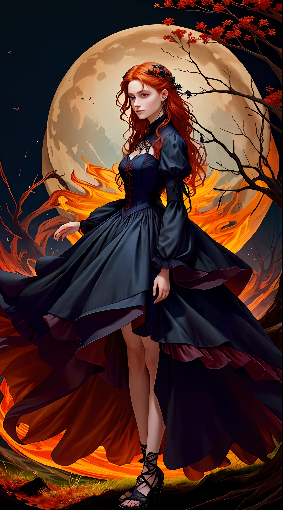 There is a red-haired woman with orange hair and yellow eyes in a black dress with a tree in the background, lovely dark autumn princess, estilo de arte sinistro e sombrio, inspirado em Emily Shanks, personagem bruxa escura, estilo de arte sinistro, persephone as goddess of death, no estilo da arte da fantasia sombria, arte de estilo fantasia escura, design de personagens : : lo gothic, inspirado em Samuel Hieronymus Grimm