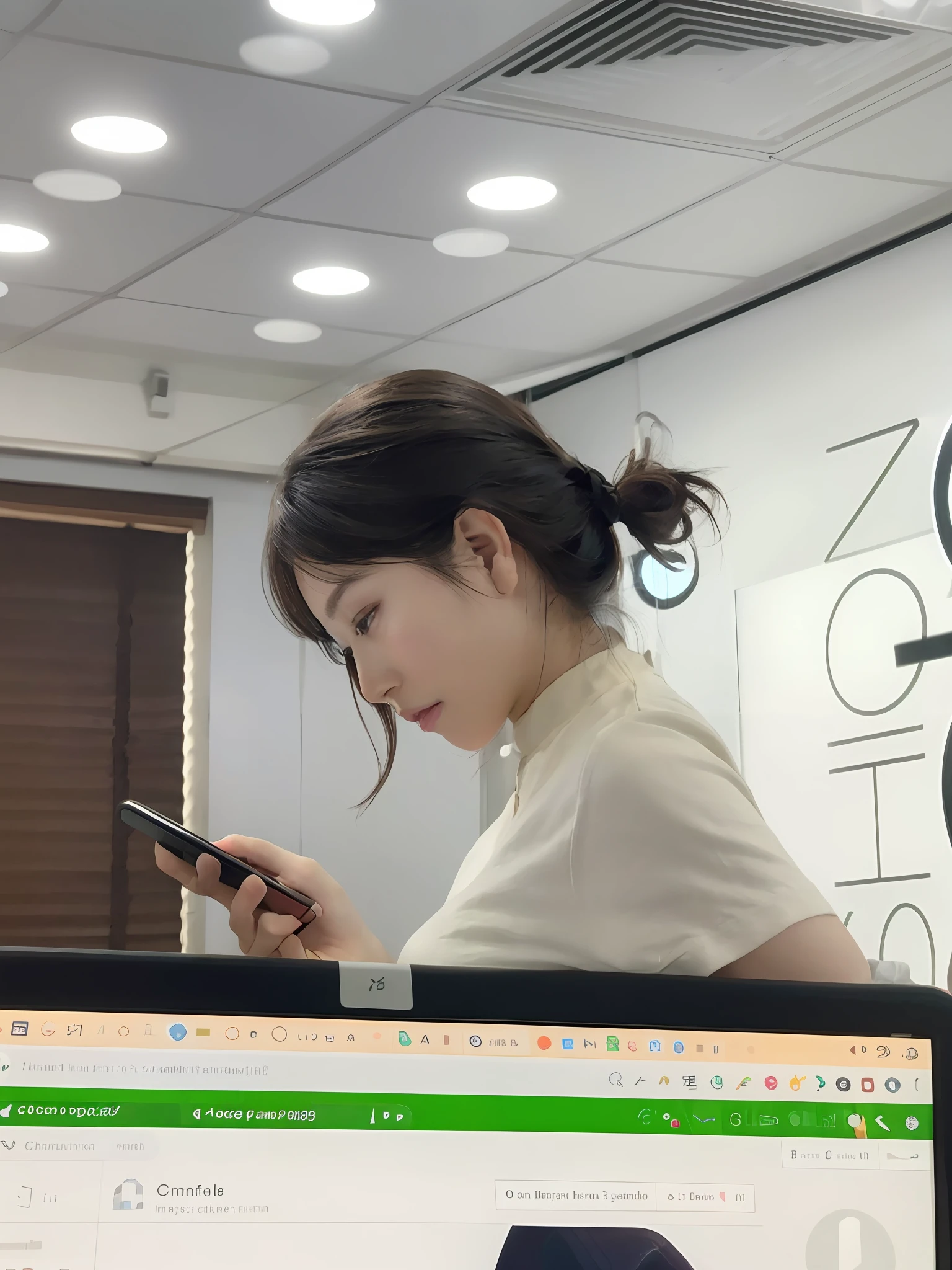 there is a woman looking at her cell phone while sitting in front of a computer, checking her phone, candid photograph, profile pose, in office, by Jang Seung-eop, zmonzheng, candid shot, she is holding a smartphone, checking her cell phone, side pose, goddess checking her phone, heonhwa choe