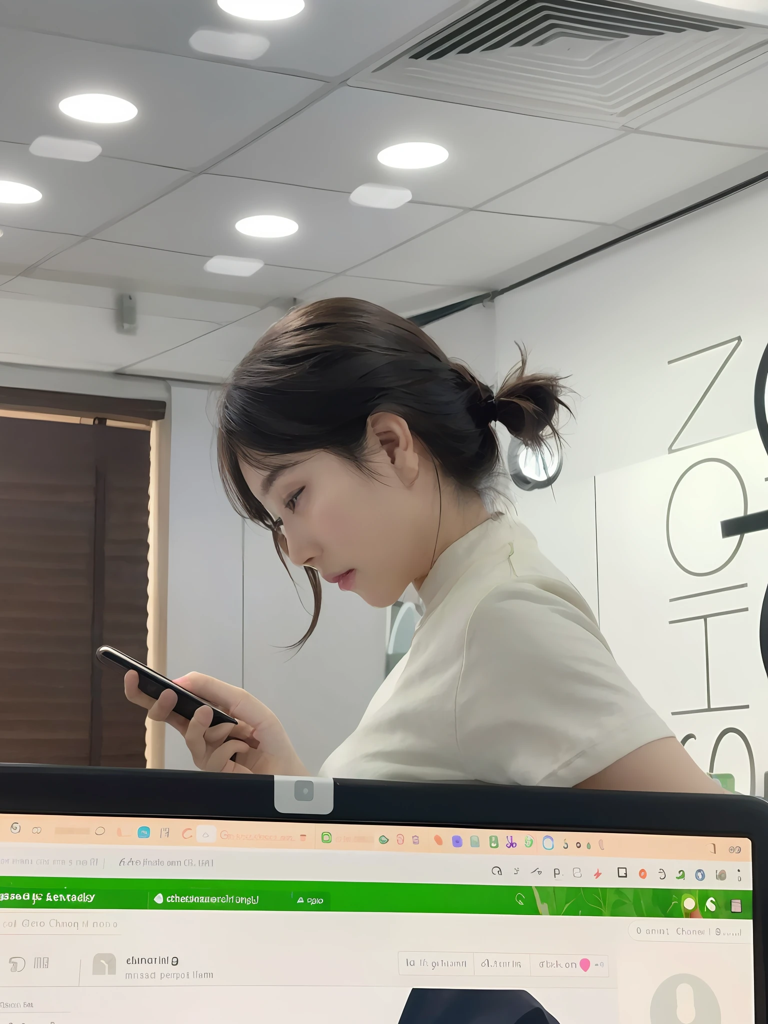 there is a woman looking at her cell phone while sitting in front of a computer, checking her phone, candid photograph, profile pose, in office, by Jang Seung-eop, zmonzheng, candid shot, she is holding a smartphone, checking her cell phone, side pose, goddess checking her phone, heonhwa choe