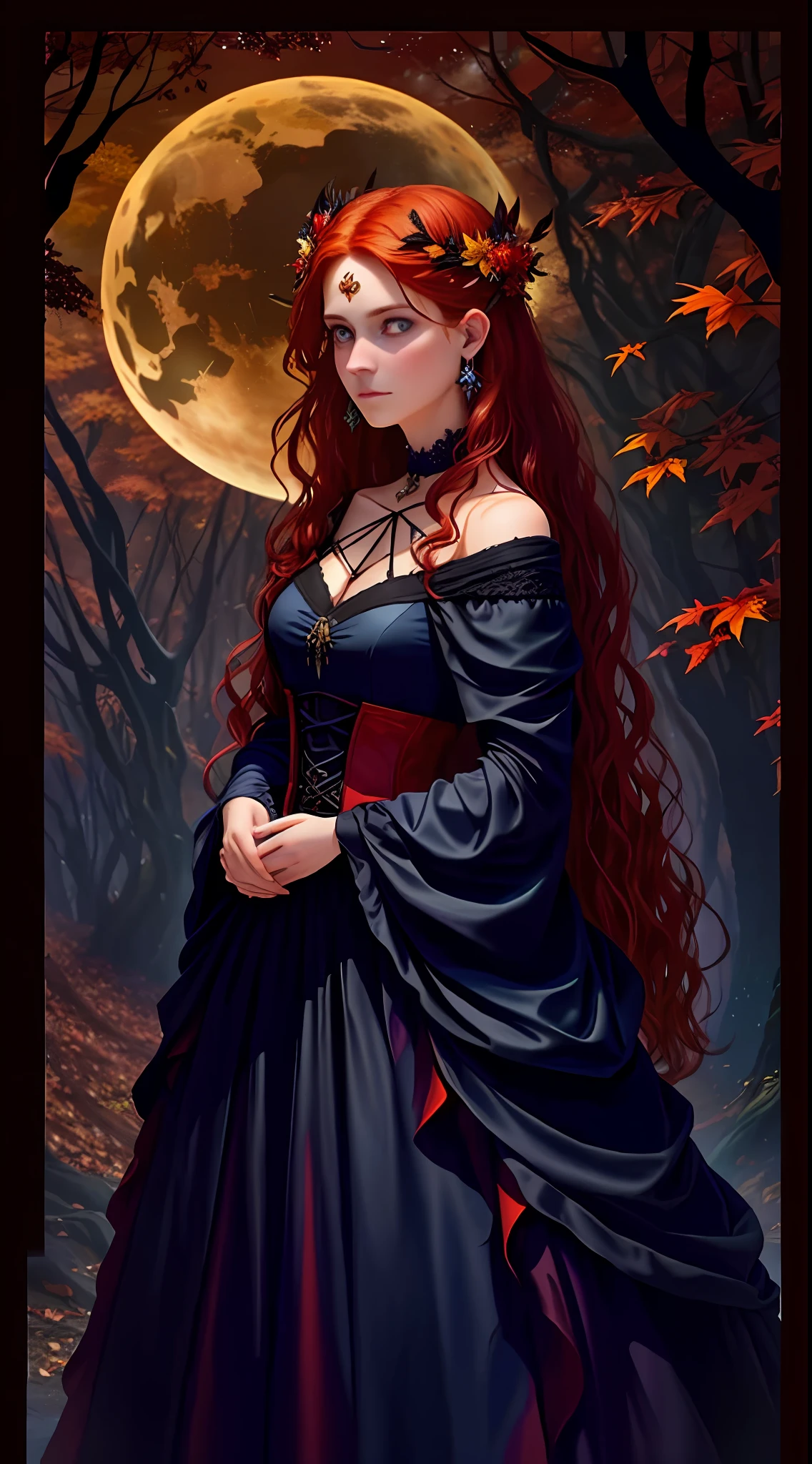 There is a red-haired woman with orange hair and yellow eyes in a black dress with a tree in the background, lovely dark autumn princess, estilo de arte sinistro e sombrio, inspirado em Emily Shanks, personagem bruxa escura, estilo de arte sinistro, persephone as goddess of death, no estilo da arte da fantasia sombria, arte de estilo fantasia escura, design de personagens : : lo gothic, inspirado em Samuel Hieronymus Grimm