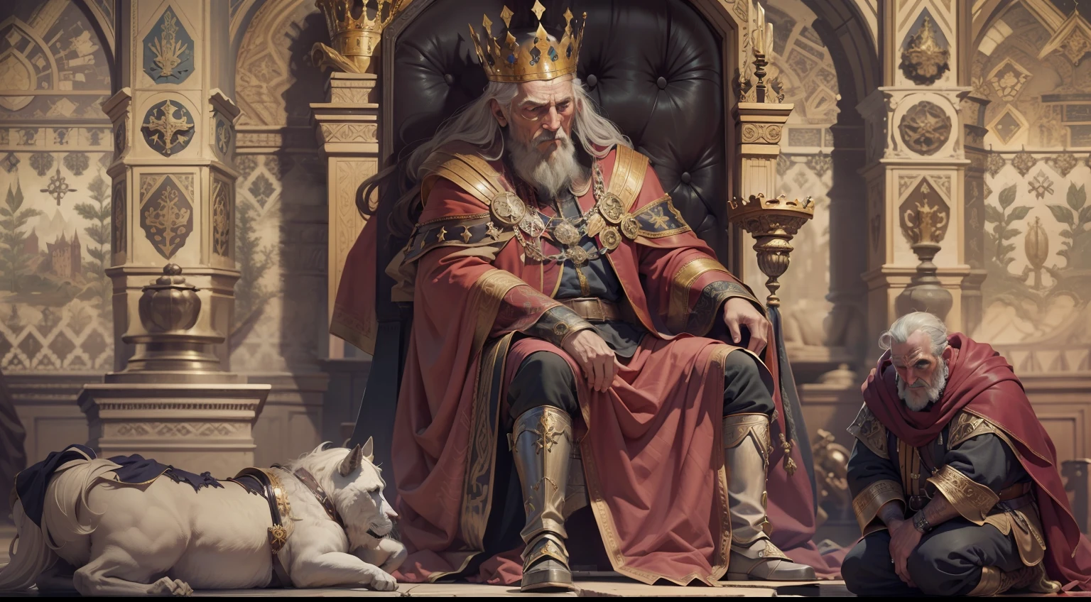 A thief kneeling in front of an old medieval king sitting on a throne with a crown on top of him,