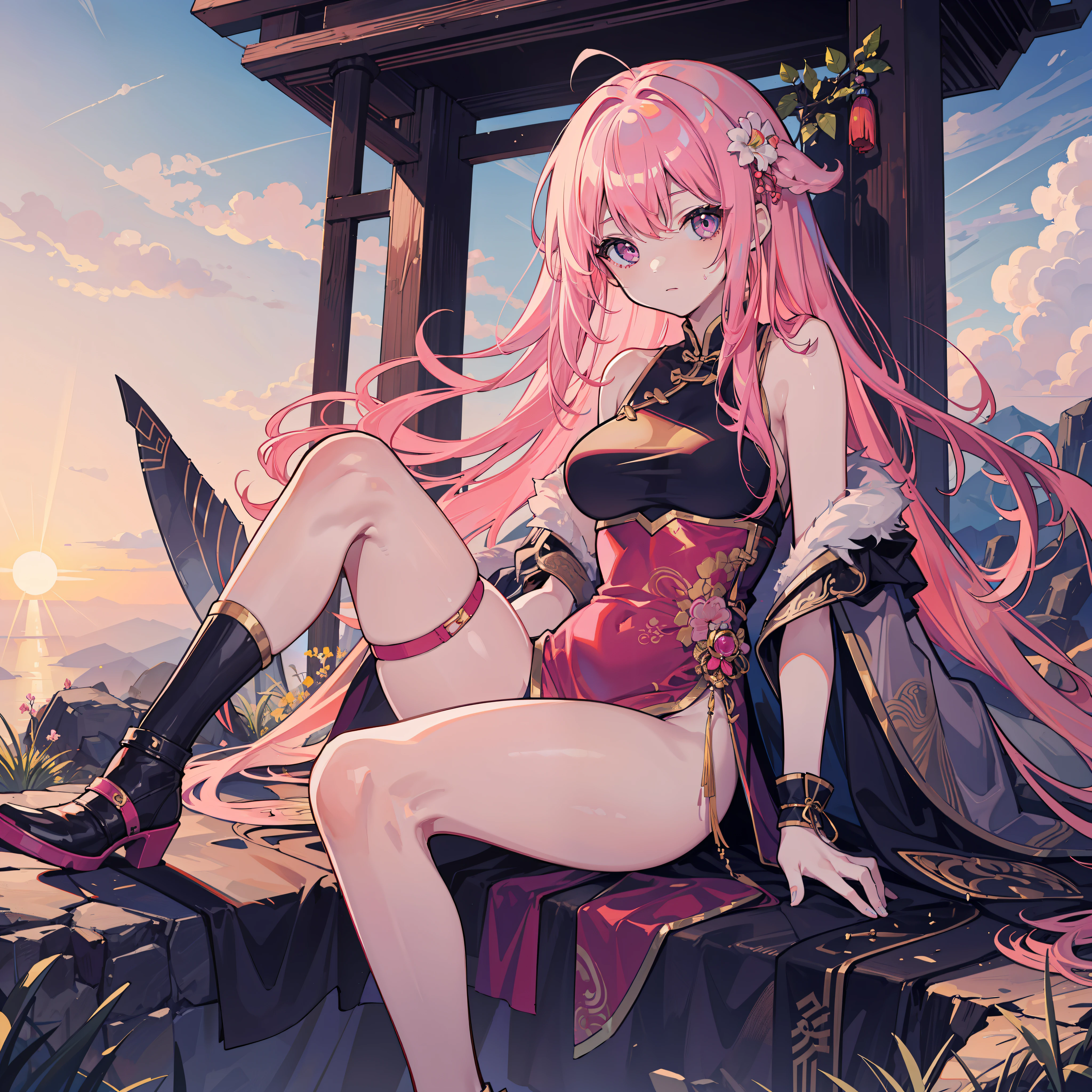 Need，Masterpiece 8k，s girl，A pink-haired，Pink Chinese armor，Huge sword，Leaking legs，At the summit，sunraise，The sky is golden