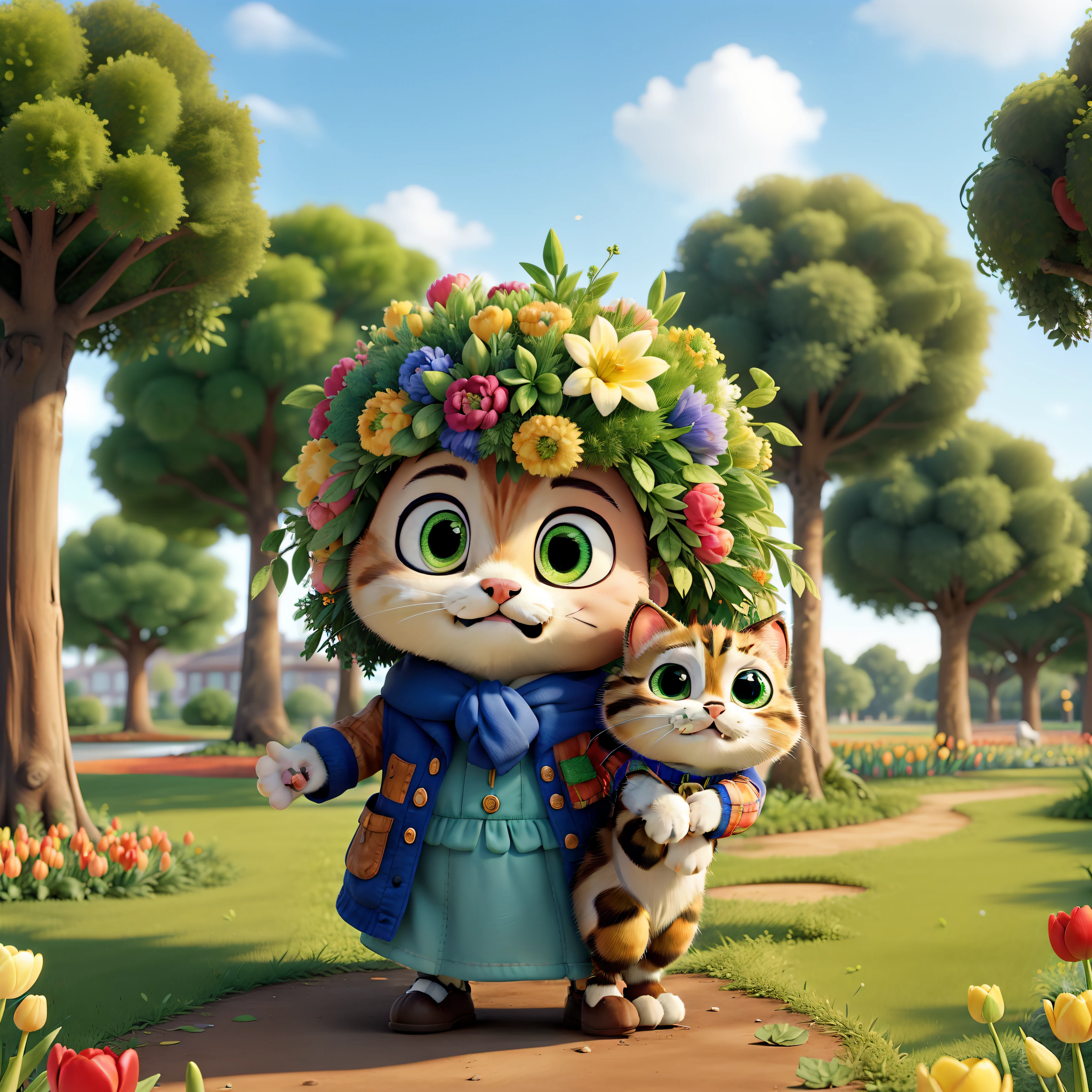 (Cute kitten:1.2), ssmile, Bushy and smooth coat、personification, Mushroom cap on the head, rendered:(charicature:1.3,Production Movie, the pose:(Lively:1.2, amusing), modeled:(ultra-quality:1.2,8K,Orthographic view),tulips, blue-sky, for the background(A park full of greenery:1.1),{Complex and ultra-detailed, Giuseppe Arcimboldo}
